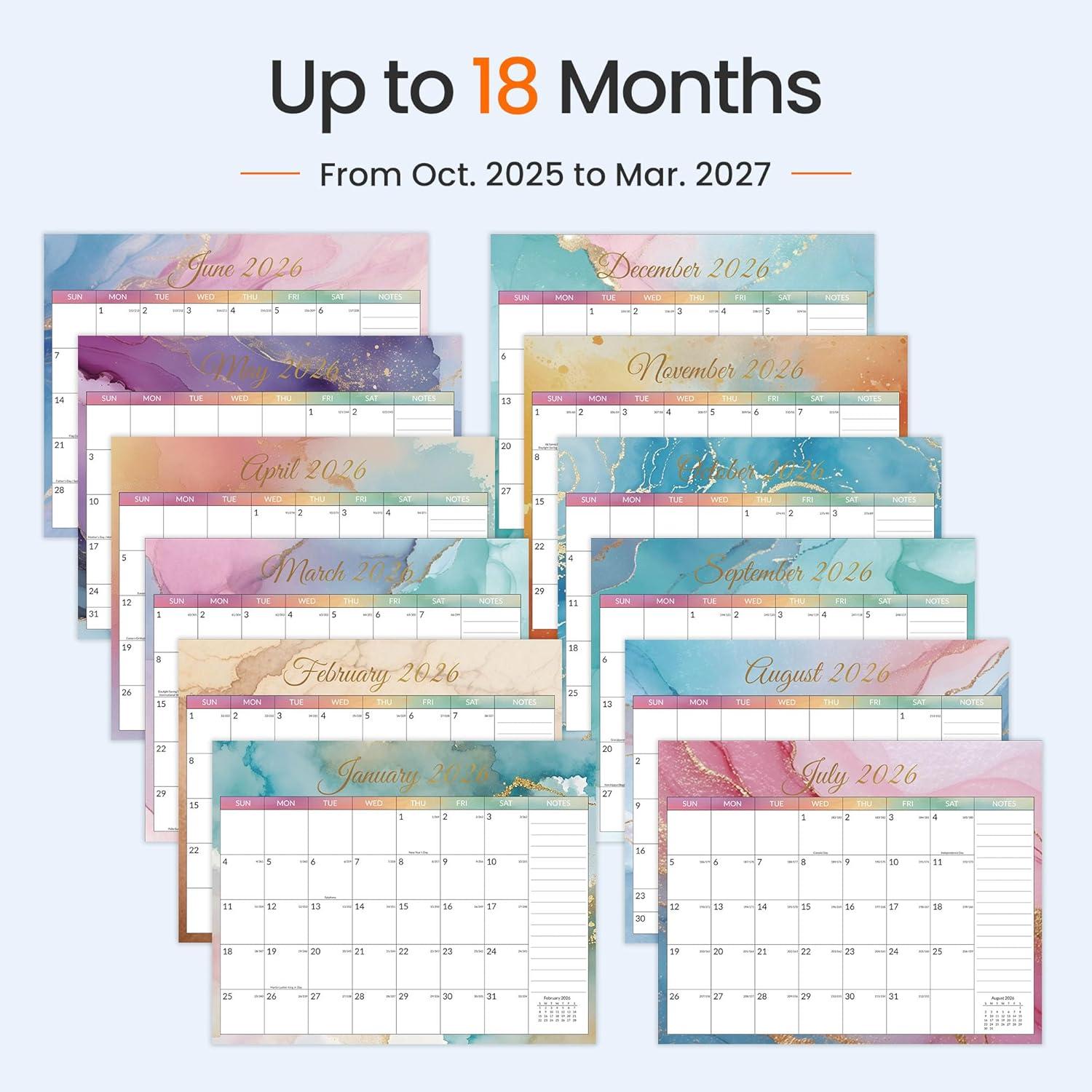 image:imageSUNEE 2026 Calendar 18 Months Wall Calendar Oct 2025 Mar 2027 145x115 Big Grid Hanging Calendar with Note for Organizing amp Planning Watercolor Pack of 2