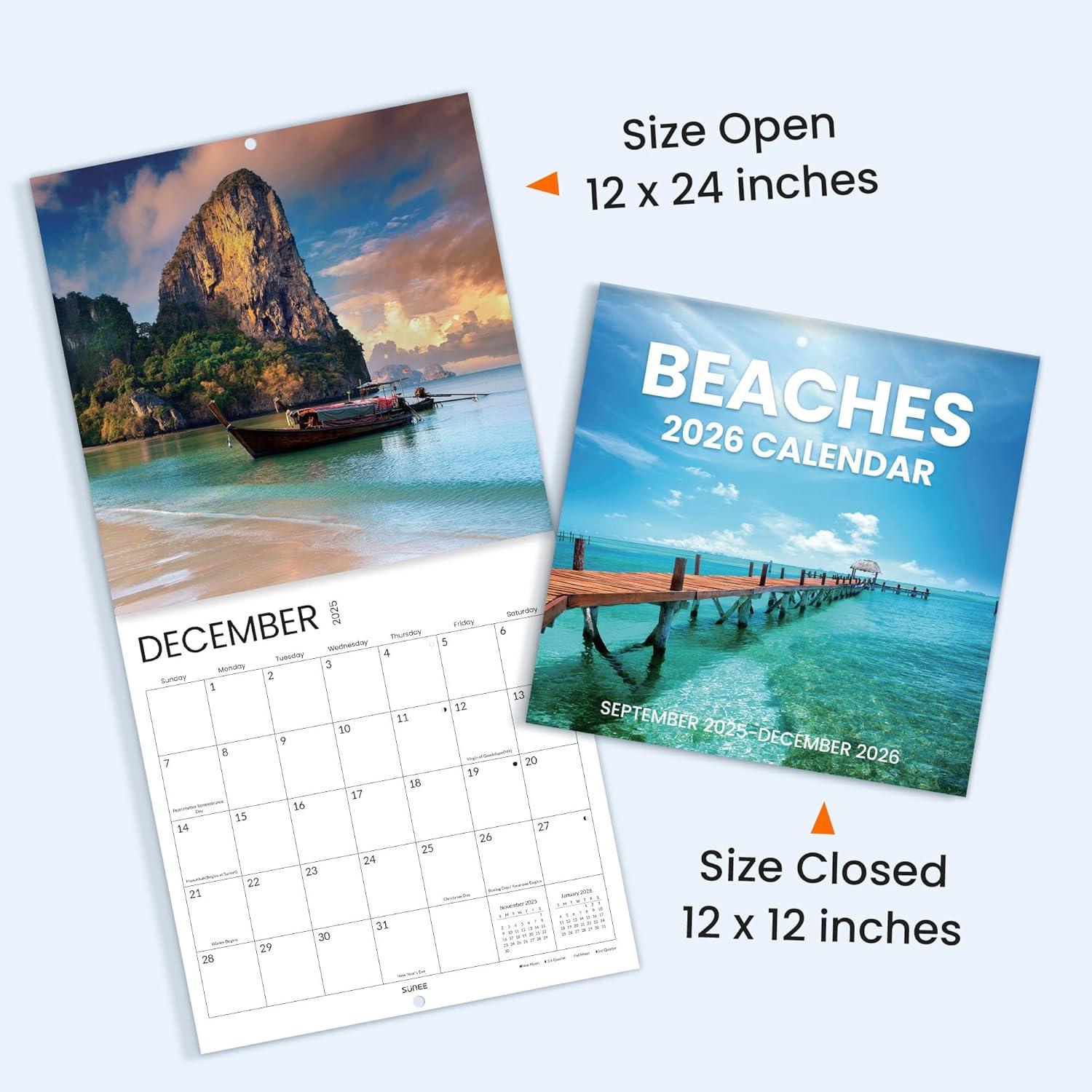 image:imageSUNEE 2026 Calendar for Wall 2026 Large Wall calendar 12x12 Inches with 16 Months from September 2025 to December 2026 Thick Glossy Paper 12 x 24 Open PathwayBeach