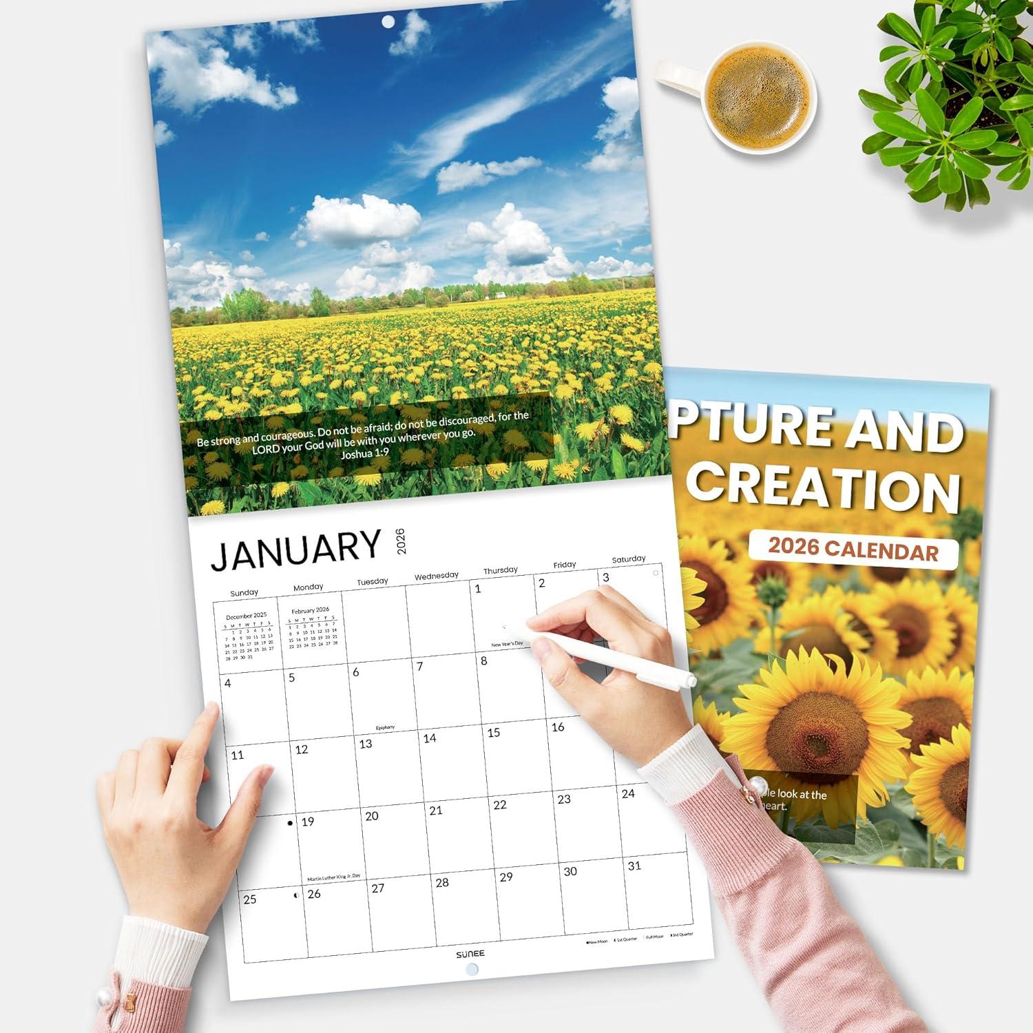 image:imageSUNEE 2026 Calendar for Wall 2026 Large Wall calendar 12x12 Inches with 16 Months from September 2025 to December 2026 Thick Glossy Paper 12 x 24 Open PathwayBible