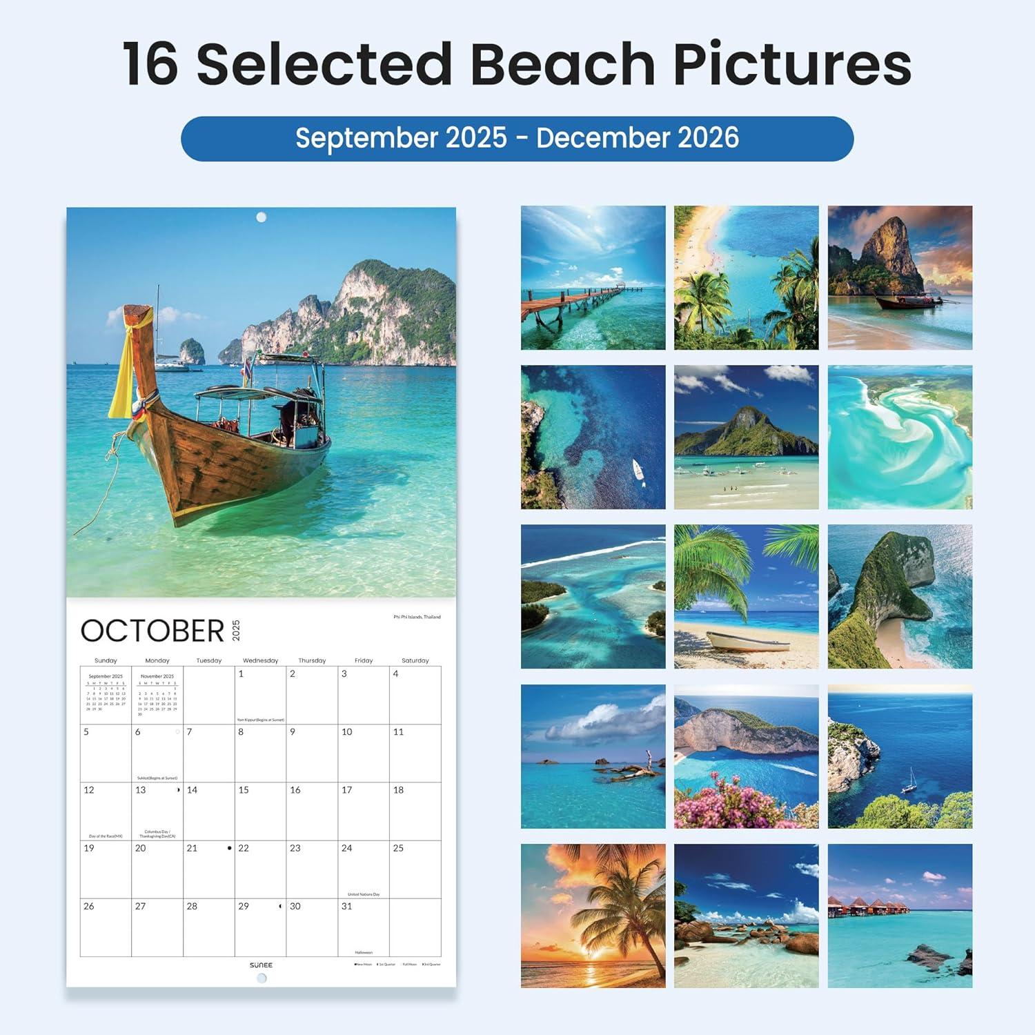 image:imageSUNEE 2026 Calendar for Wall 2026 Large Wall calendar 12x12 Inches with 16 Months from September 2025 to December 2026 Thick Glossy Paper 12 x 24 Open PathwayBeach