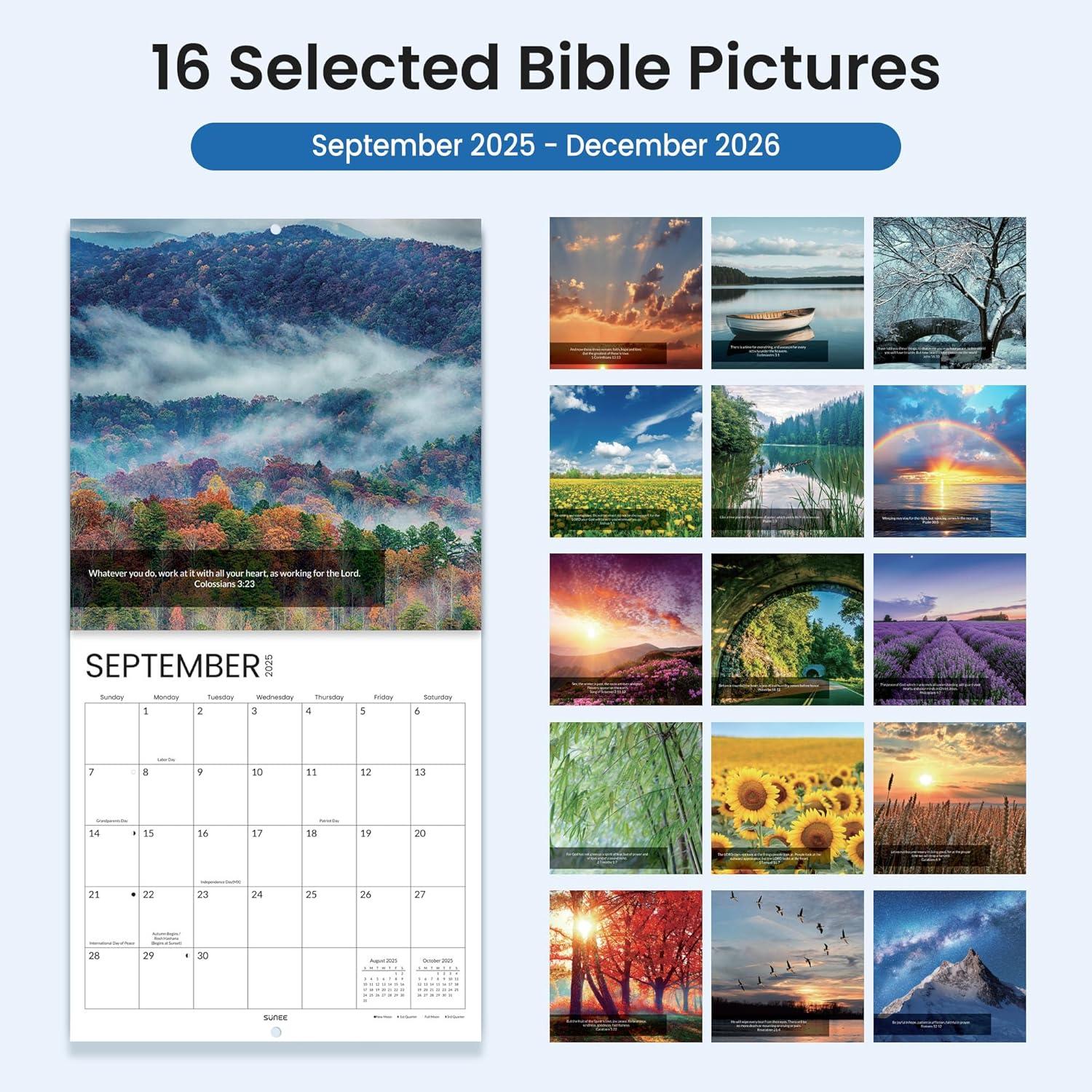 image:imageSUNEE 2026 Calendar for Wall 2026 Large Wall calendar 12x12 Inches with 16 Months from September 2025 to December 2026 Thick Glossy Paper 12 x 24 Open PathwayBible