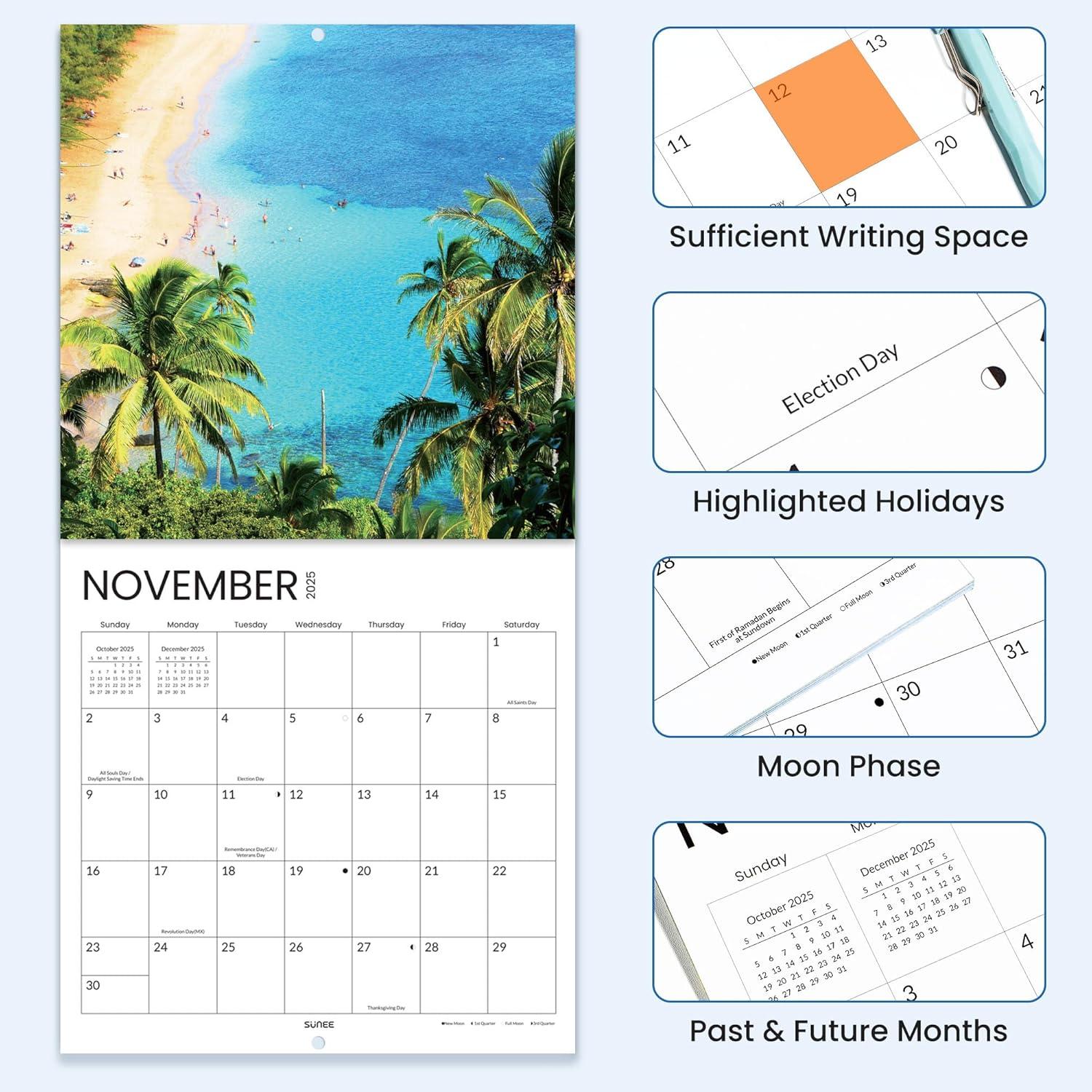 image:imageSUNEE 2026 Calendar for Wall 2026 Large Wall calendar 12x12 Inches with 16 Months from September 2025 to December 2026 Thick Glossy Paper 12 x 24 Open PathwayBeach