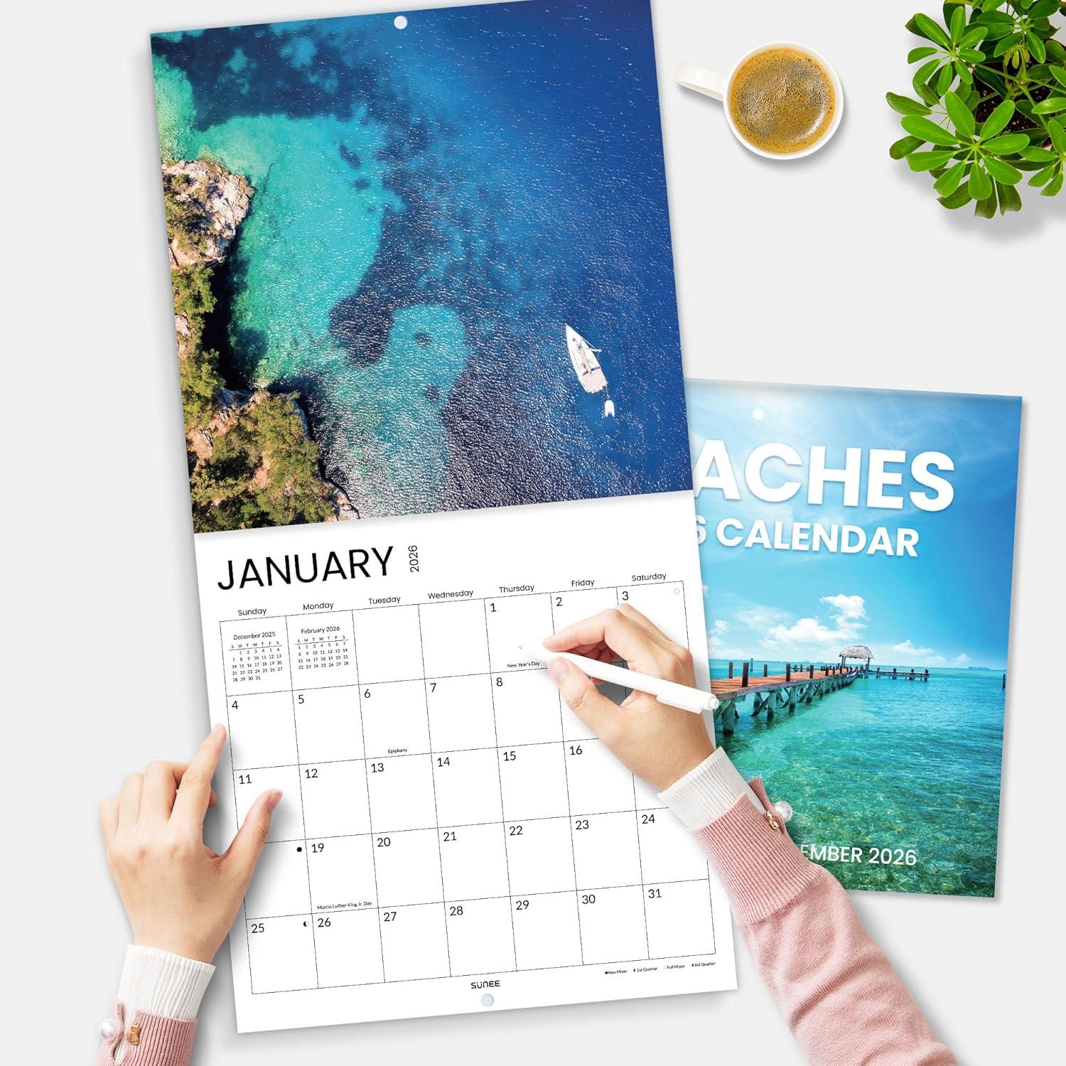 image:imageSUNEE 2026 Calendar for Wall 2026 Large Wall calendar 12x12 Inches with 16 Months from September 2025 to December 2026 Thick Glossy Paper 12 x 24 Open PathwayBeach