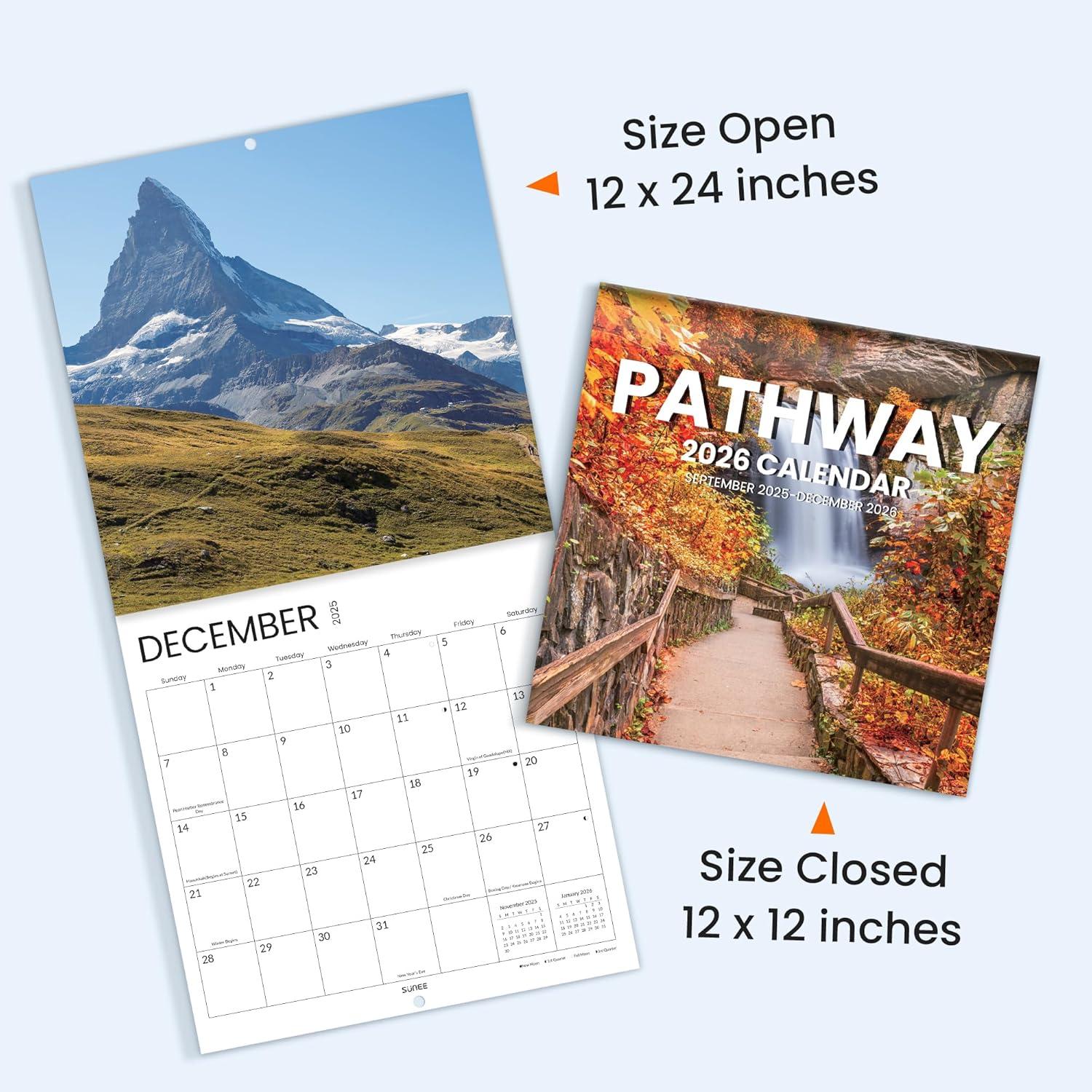 image:imageSUNEE 2026 Calendar for Wall 2026 Large Wall calendar 12x12 Inches with 16 Months from September 2025 to December 2026 Thick Glossy Paper 12 x 24 Open PathwayPathway