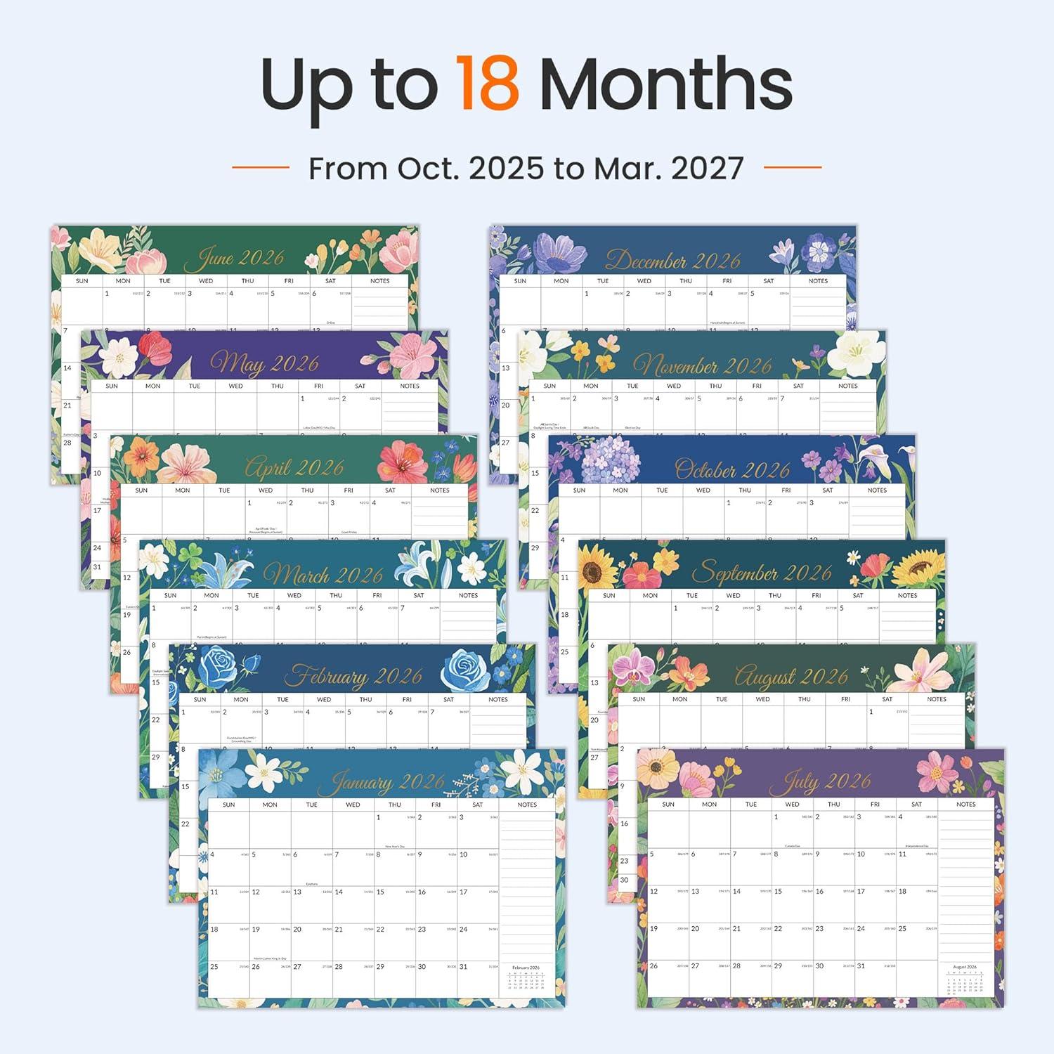 image:imageSUNEE 2026 Desk Calendar 18 Months from Oct 2025 to Mar 2027 17x12 Academic 2026 Calendar for Home School or Office 2026 Monthly Calendar with Note CuteFloral