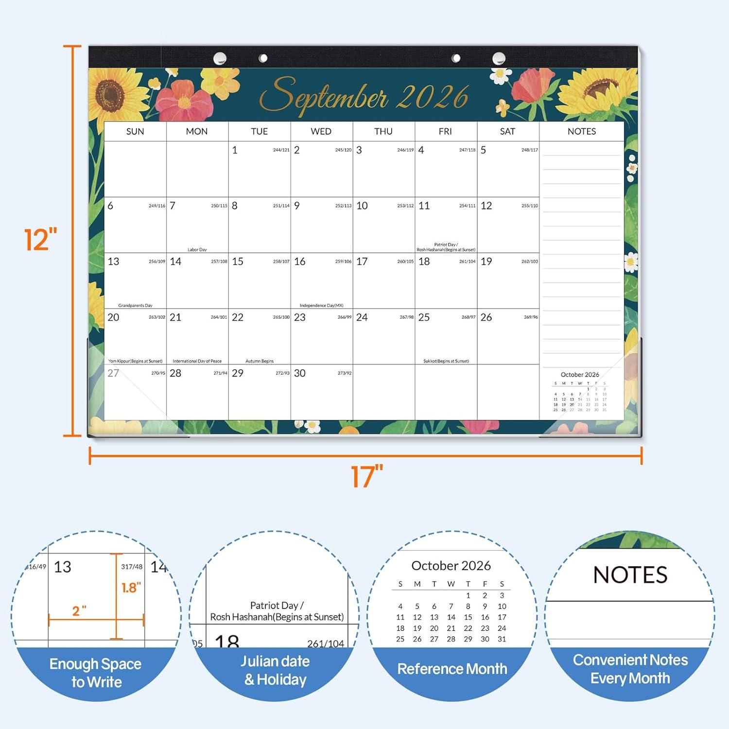 image:imageSUNEE 2026 Desk Calendar 18 Months from Oct 2025 to Mar 2027 17x12 Academic 2026 Calendar for Home School or Office 2026 Monthly Calendar with Note CuteFloral