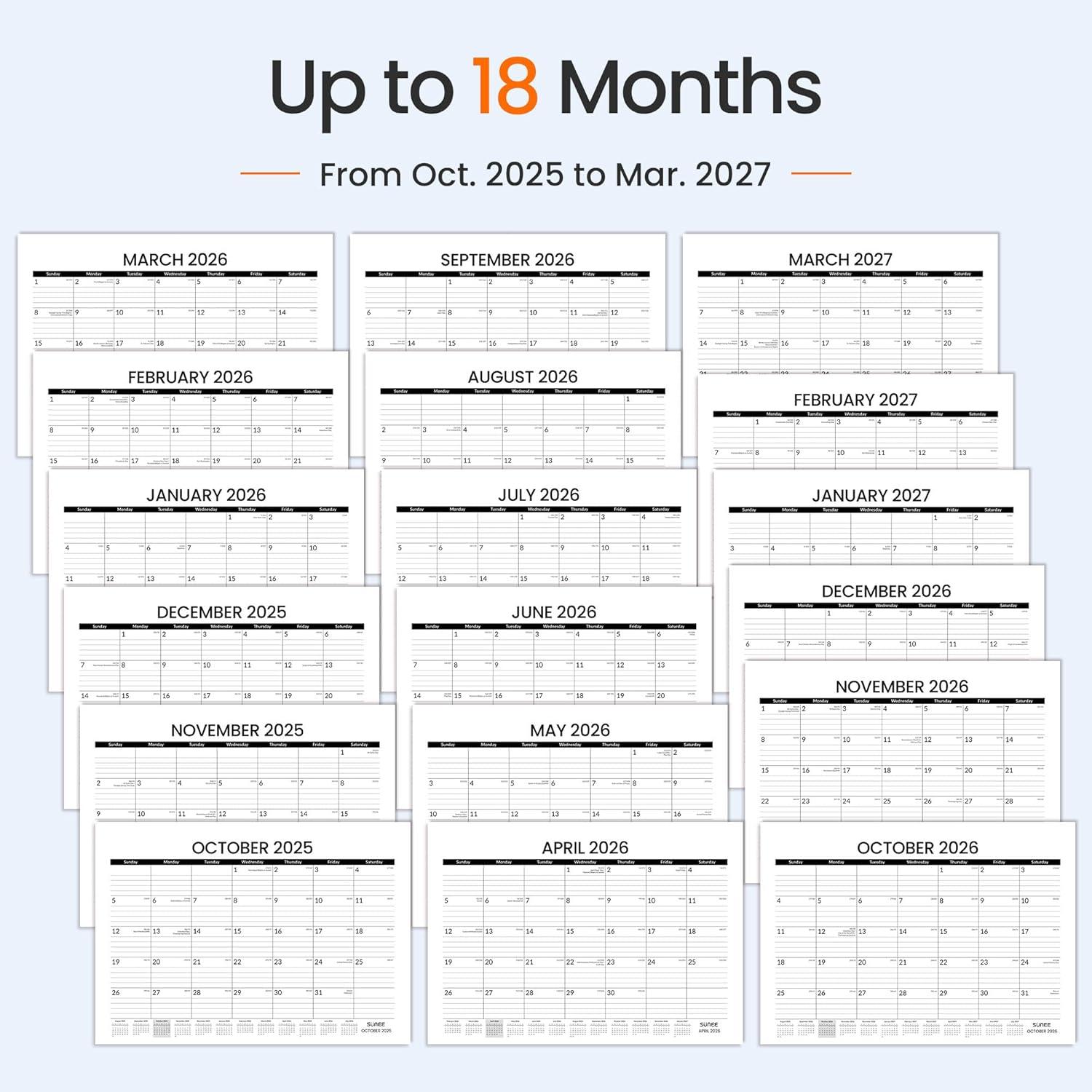 image:imageSUNEE 2026 Desk Calendar 18 Months from Oct 2025 to Mar 2027 17x12 Academic 2026 Calendar for Home School or Office 2026 Monthly Calendar with Note CuteBlack