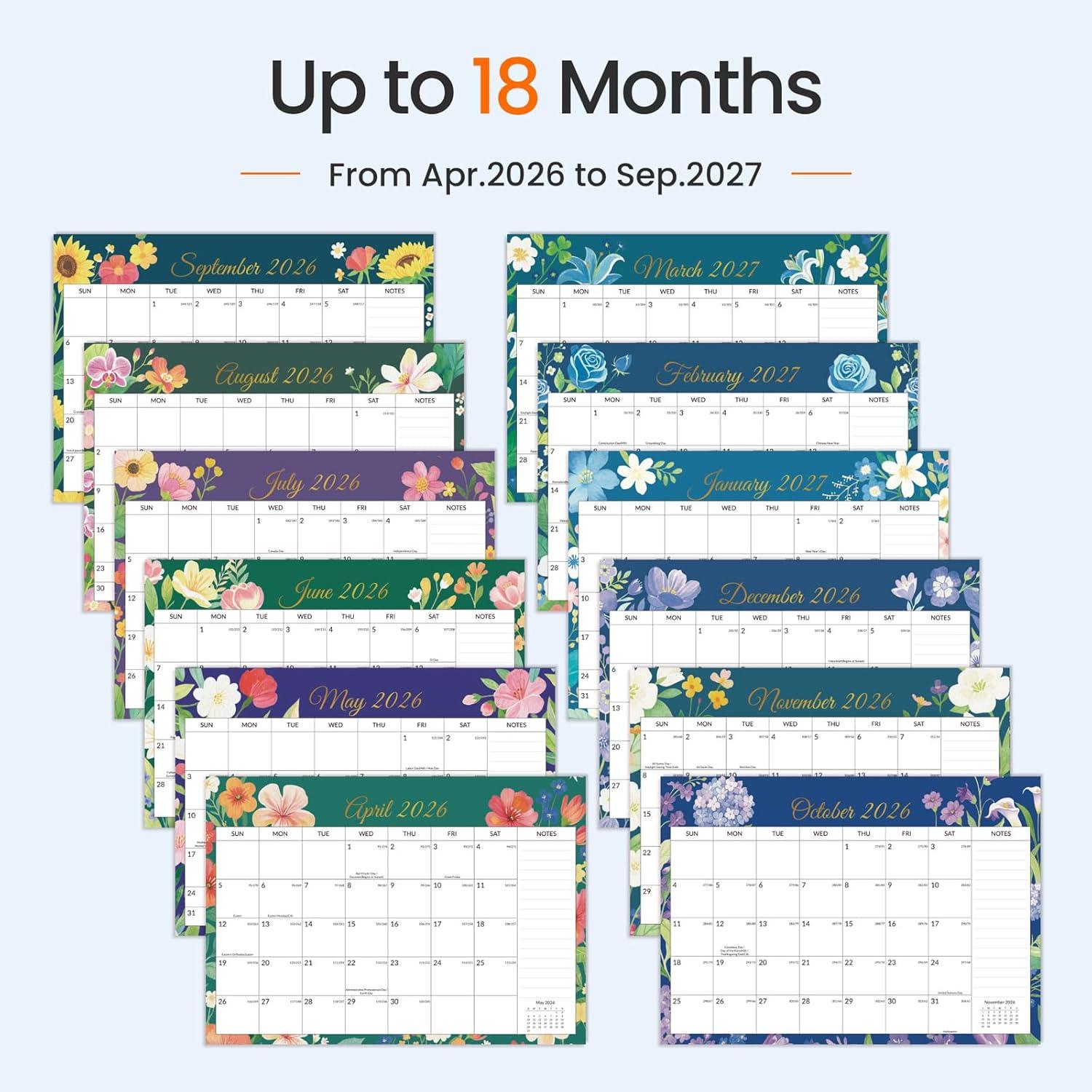 image:imageSUNEE 2026 Desk Calendar 18 Months from Oct 2025 to Mar 2027 17x12 Academic 2026 Calendar for Home School or Office 2026 Monthly Calendar with Note CuteFloral