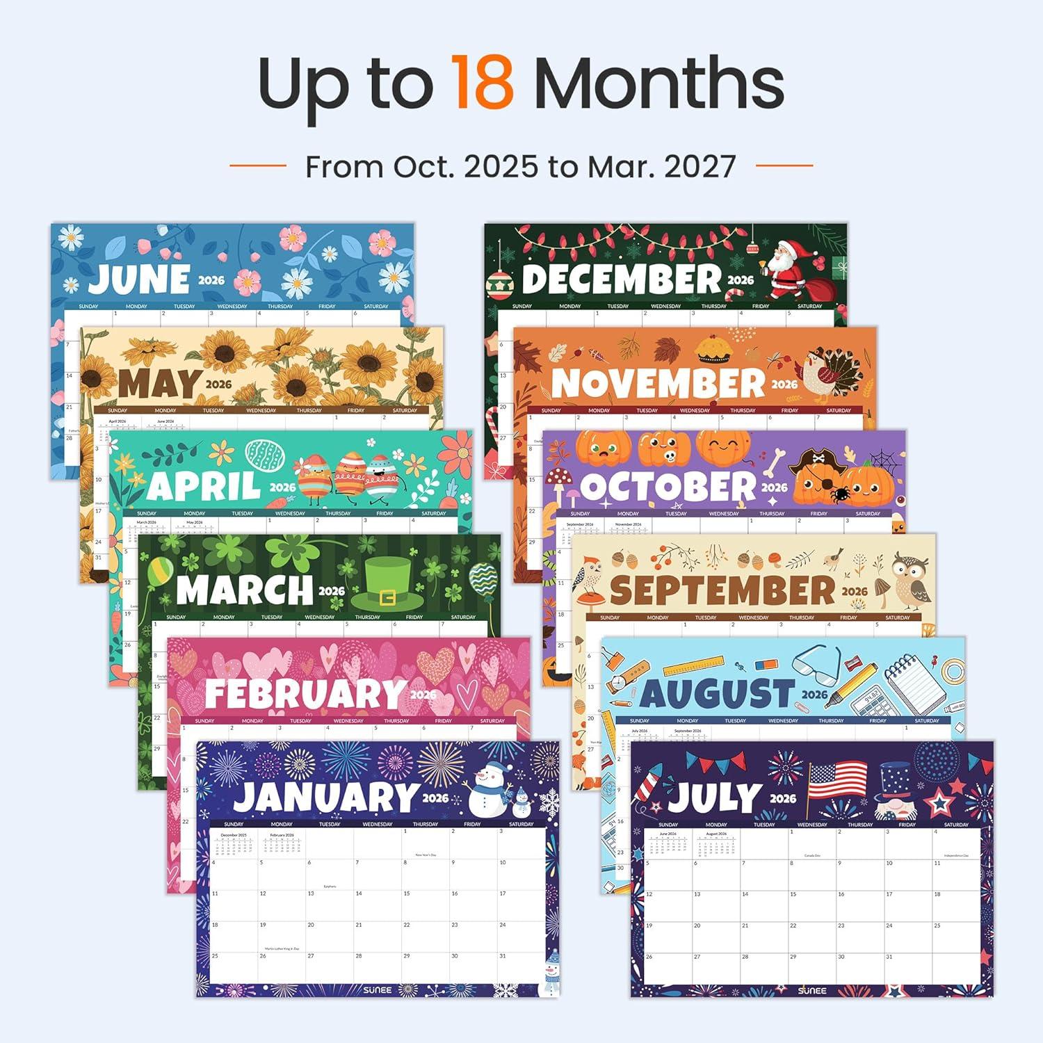 image:imageSUNEE 2026 Desk Calendar 18 Months from Oct 2025 to Mar 2027 17x12 Academic 2026 Calendar for Home School or Office 2026 Monthly Calendar with Note CuteSeasons