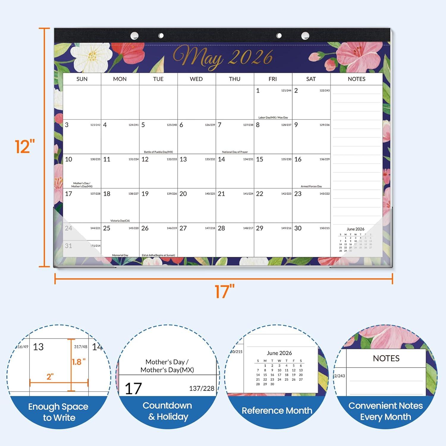 image:imageSUNEE 2026 Desk Calendar 18 Months from Oct 2025 to Mar 2027 17x12 Academic 2026 Calendar for Home School or Office 2026 Monthly Calendar with Note CuteFloral