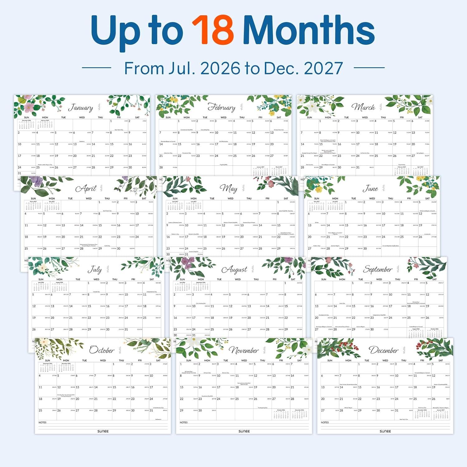 image:imageSUNEE 2026 Desk Calendar 18 Months from Oct 2025 to Mar 2027 17x12 Academic 2026 Calendar for Home School or Office 2026 Monthly Calendar with Note CuteGreenery