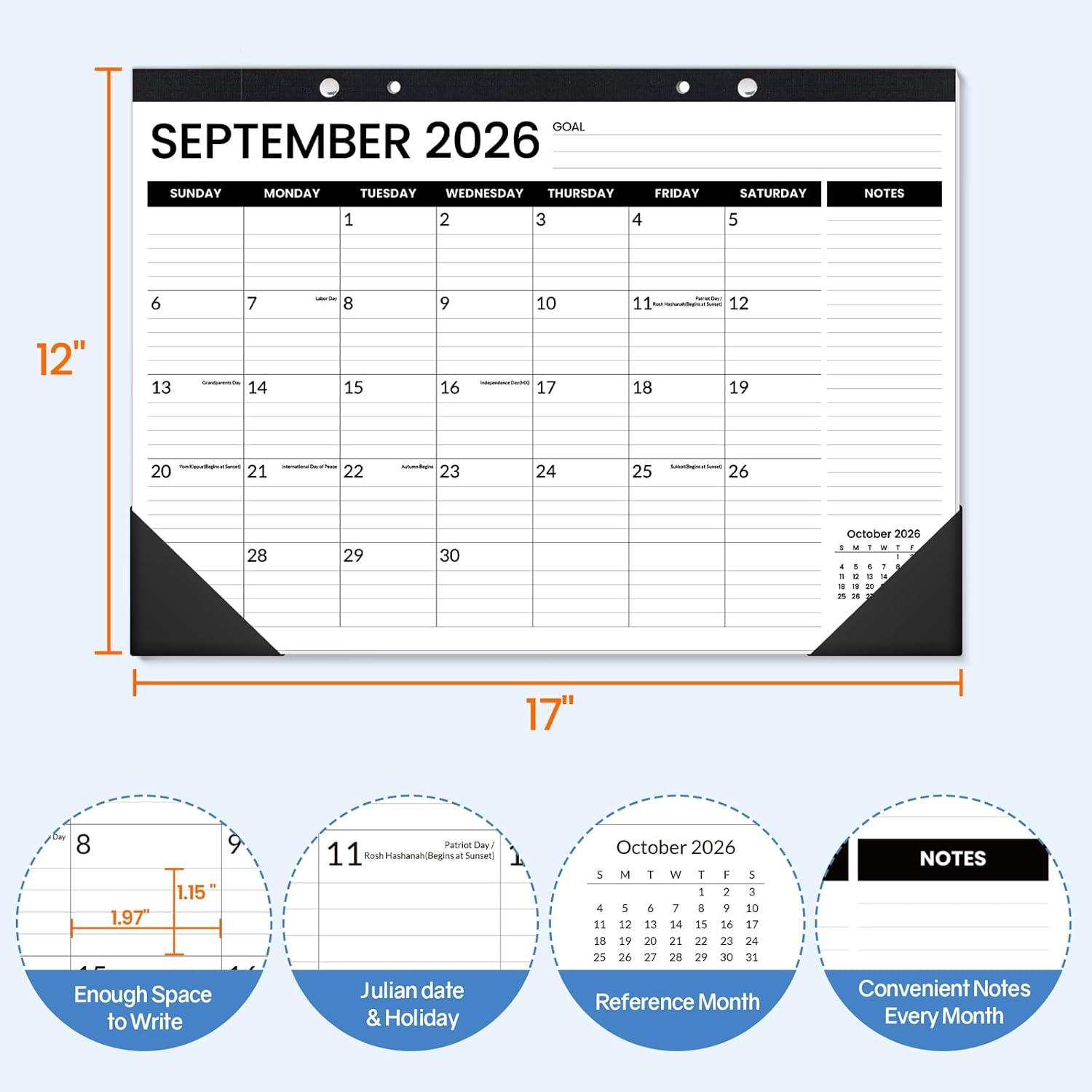 image:imageSUNEE 2026 Desk Calendar 18 Months from Oct 2025 to Mar 2027 17x12 Academic 2026 Calendar for Home School or Office 2026 Monthly Calendar with Note CuteBlack