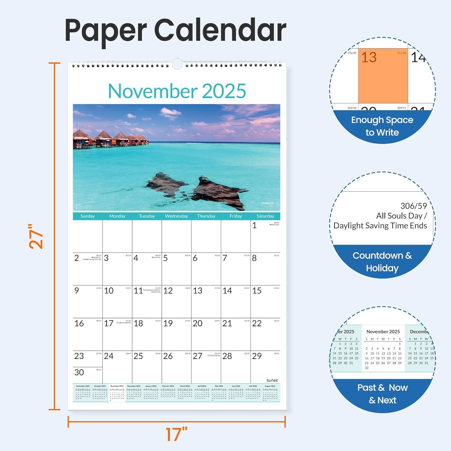 image:imageSUNEE 2026 Wall Calendar Extra Large 17x27 21 Month Calendar Ends June 2027 Vertical Large Monthly Calendar 20262027 for Wall Seasons ColorBeaches
