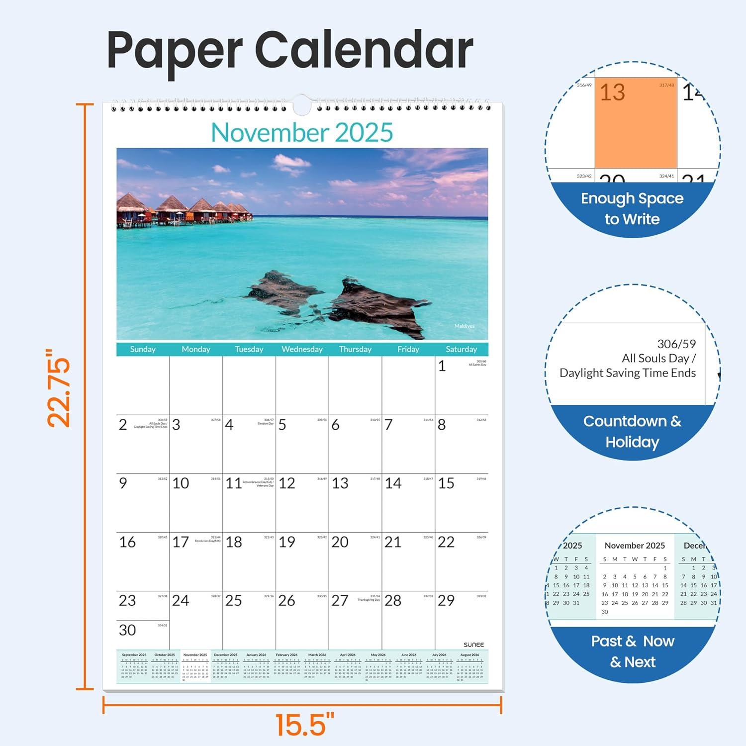 image:imageSUNEE 2026 Wall Calendar Extra Large 17x27 21 Month Calendar Ends June 2027 Vertical Large Monthly Calendar 20262027 for Wall Seasons ColorBeaches