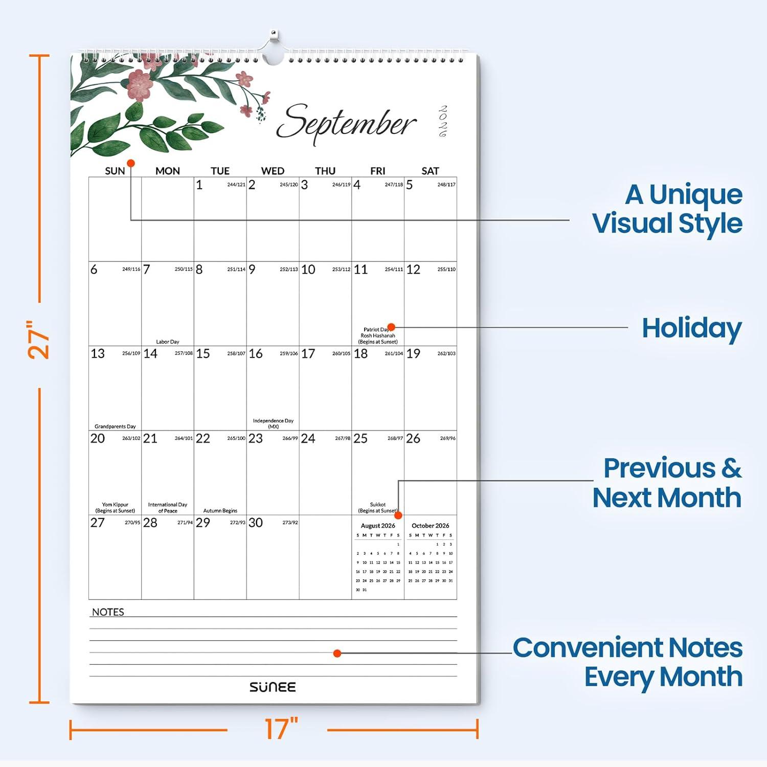 image:imageSUNEE 2026 Wall Calendar Extra Large 17x27 21 Month Calendar Ends June 2027 Vertical Large Monthly Calendar 20262027 for Wall Seasons ColorGreenery