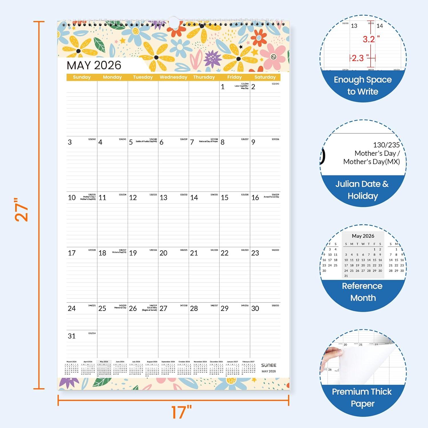 image:imageSUNEE 2026 Wall Calendar Extra Large 17x27 21 Month Calendar Ends June 2027 Vertical Large Monthly Calendar 20262027 for Wall Seasons ColorSeasonal