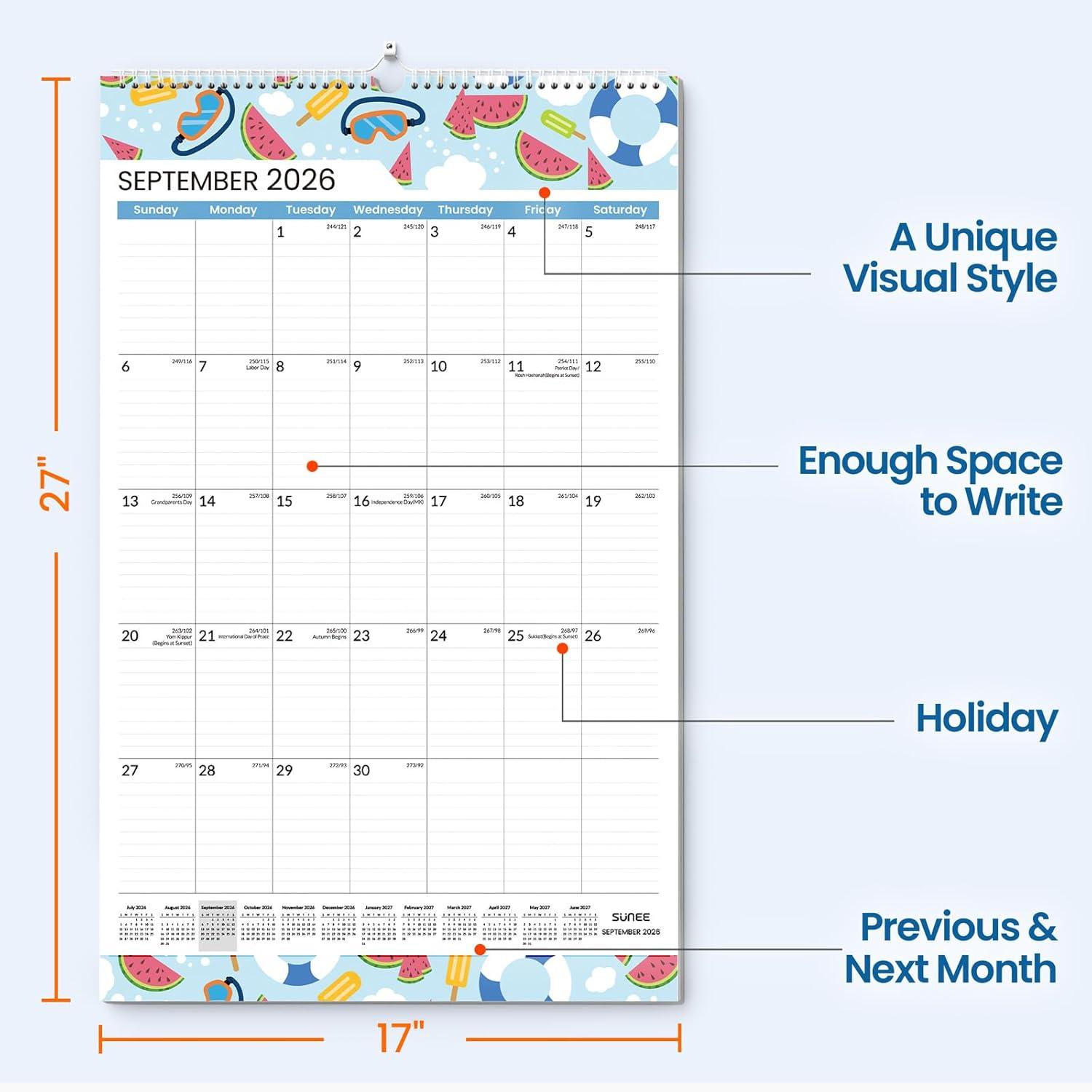 image:imageSUNEE 2026 Wall Calendar Extra Large 17x27 21 Month Calendar Ends June 2027 Vertical Large Monthly Calendar 20262027 for Wall Seasons ColorSeasonal