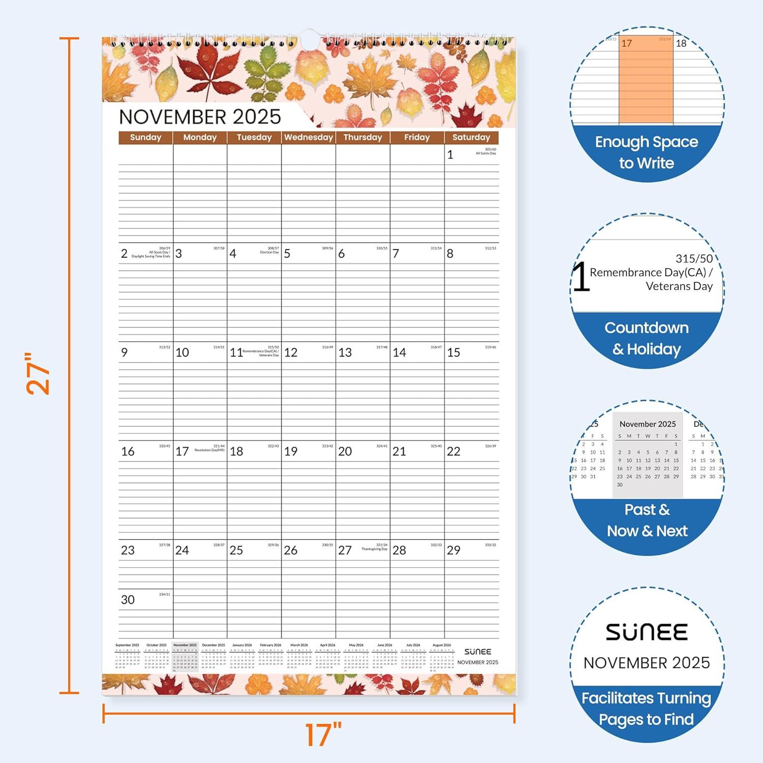 image:imageSUNEE 2026 Wall Calendar Extra Large 17x27 21 Month Calendar Ends June 2027 Vertical Large Monthly Calendar 20262027 for Wall Seasons ColorSeasonal