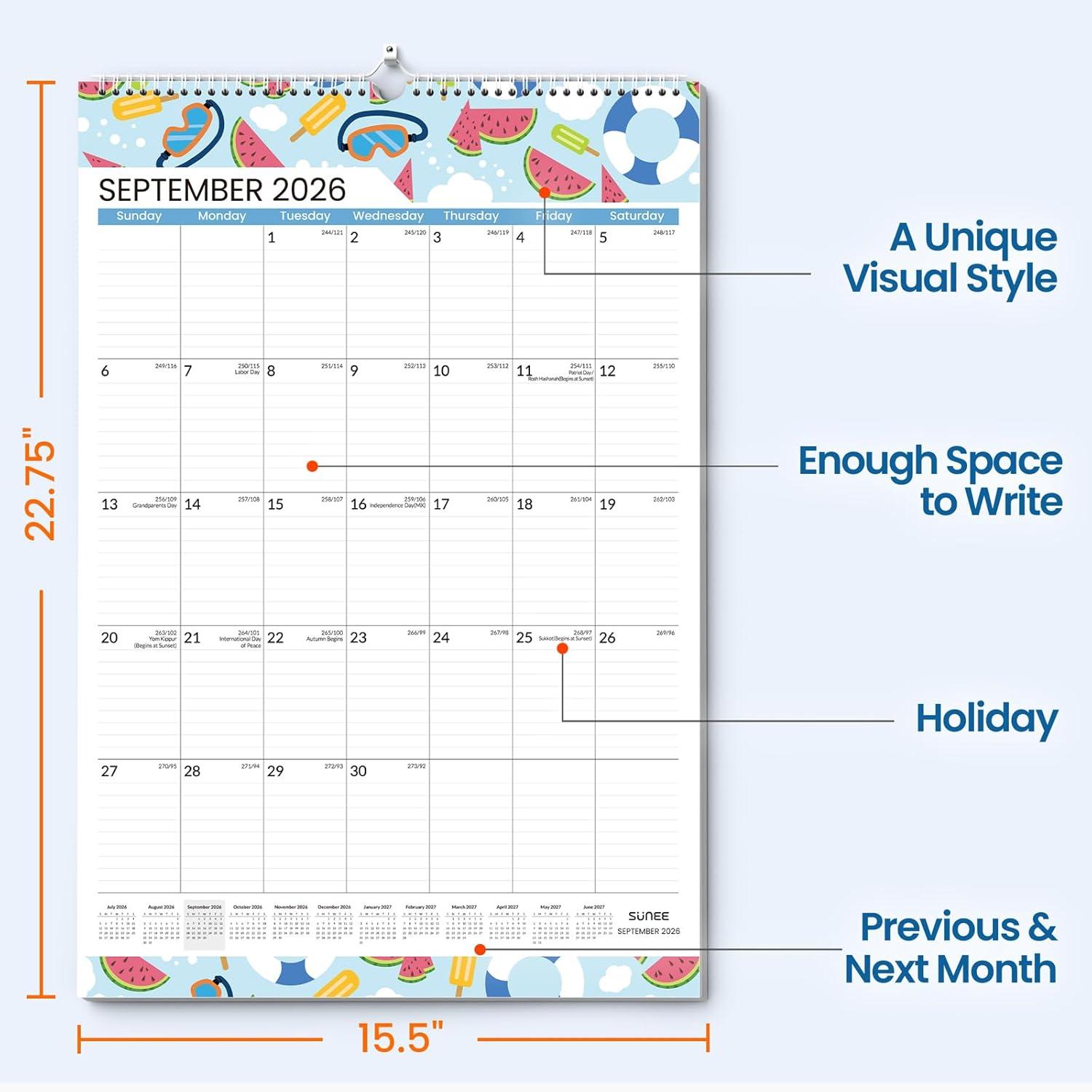 image:imageSUNEE 2026 Wall Calendar Extra Large 17x27 21 Month Calendar Ends June 2027 Vertical Large Monthly Calendar 20262027 for Wall Seasons ColorSeasonal
