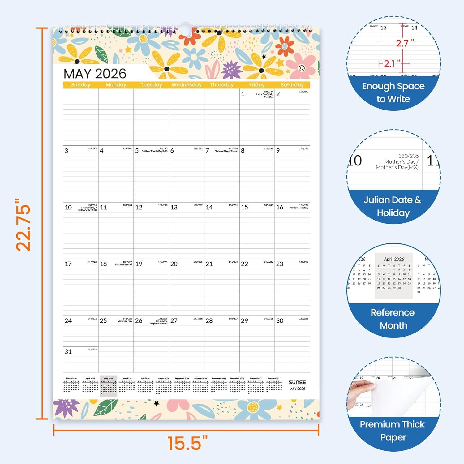 image:imageSUNEE 2026 Wall Calendar Extra Large 17x27 21 Month Calendar Ends June 2027 Vertical Large Monthly Calendar 20262027 for Wall Seasons ColorSeasonal