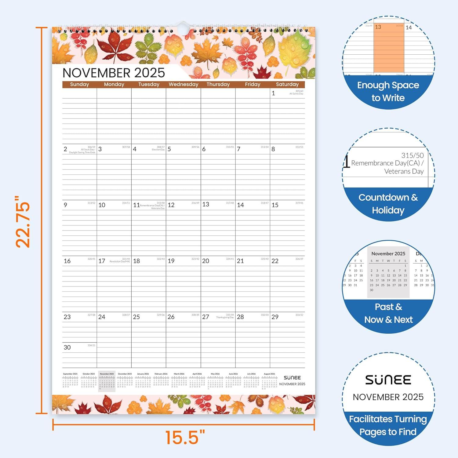 image:imageSUNEE 2026 Wall Calendar Extra Large 17x27 21 Month Calendar Ends June 2027 Vertical Large Monthly Calendar 20262027 for Wall Seasons ColorSeasonal
