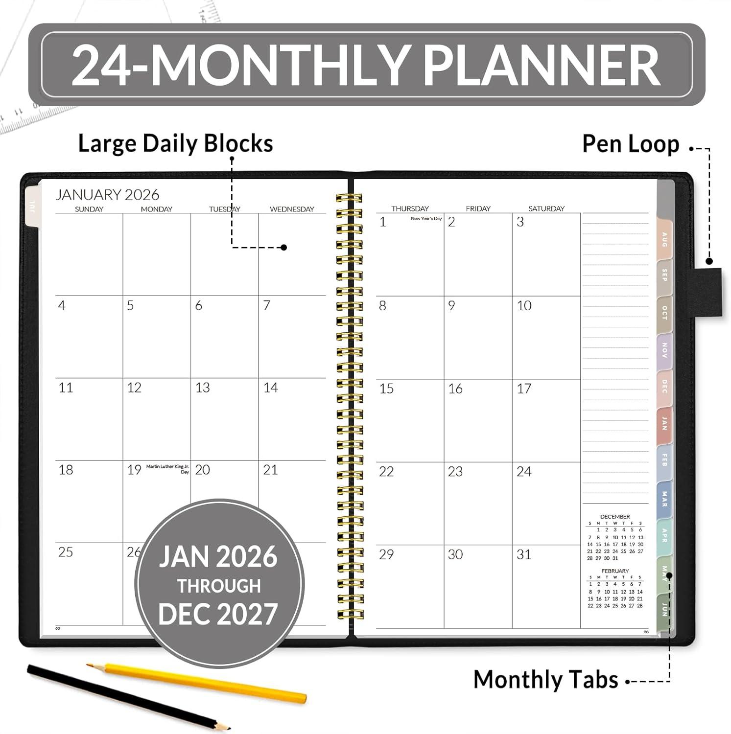 image:imageSUNEE 20262027 Monthly Planner 73x101 2Year Jan 2026 Dec 2027 Vegan Leather Cover Monthly Planner Year Calendar BlueBlack