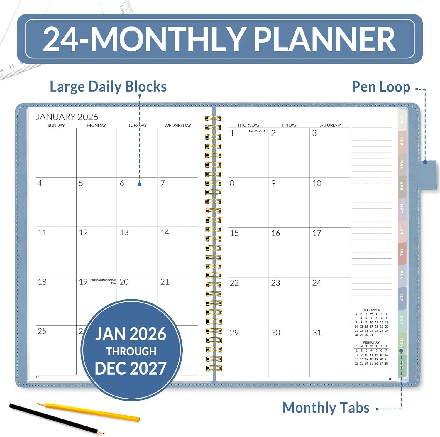 image:imageSUNEE 20262027 Monthly Planner 73x101 2Year Jan 2026 Dec 2027 Vegan Leather Cover Monthly Planner Year Calendar BlueBlue