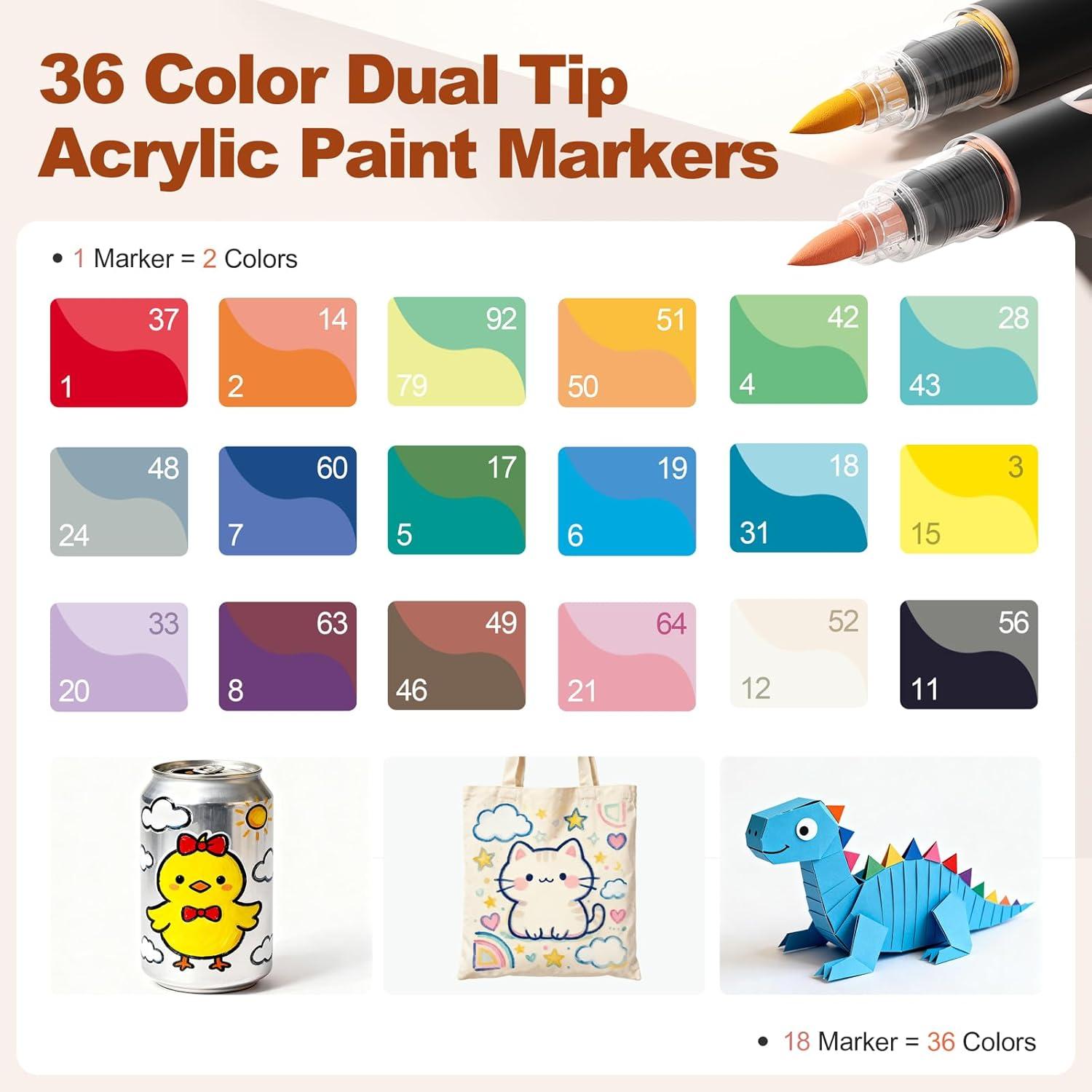 image:imageSUNEE Acrylic Paint Markers Brush Tip 36 Colors Acrylic Markers with Automatic Ink Control System Waterproof Acrylic Paint Pens for PaintingWood Canvas Glass Stone Fabric and Art Supplies18 Pack 36 Colors