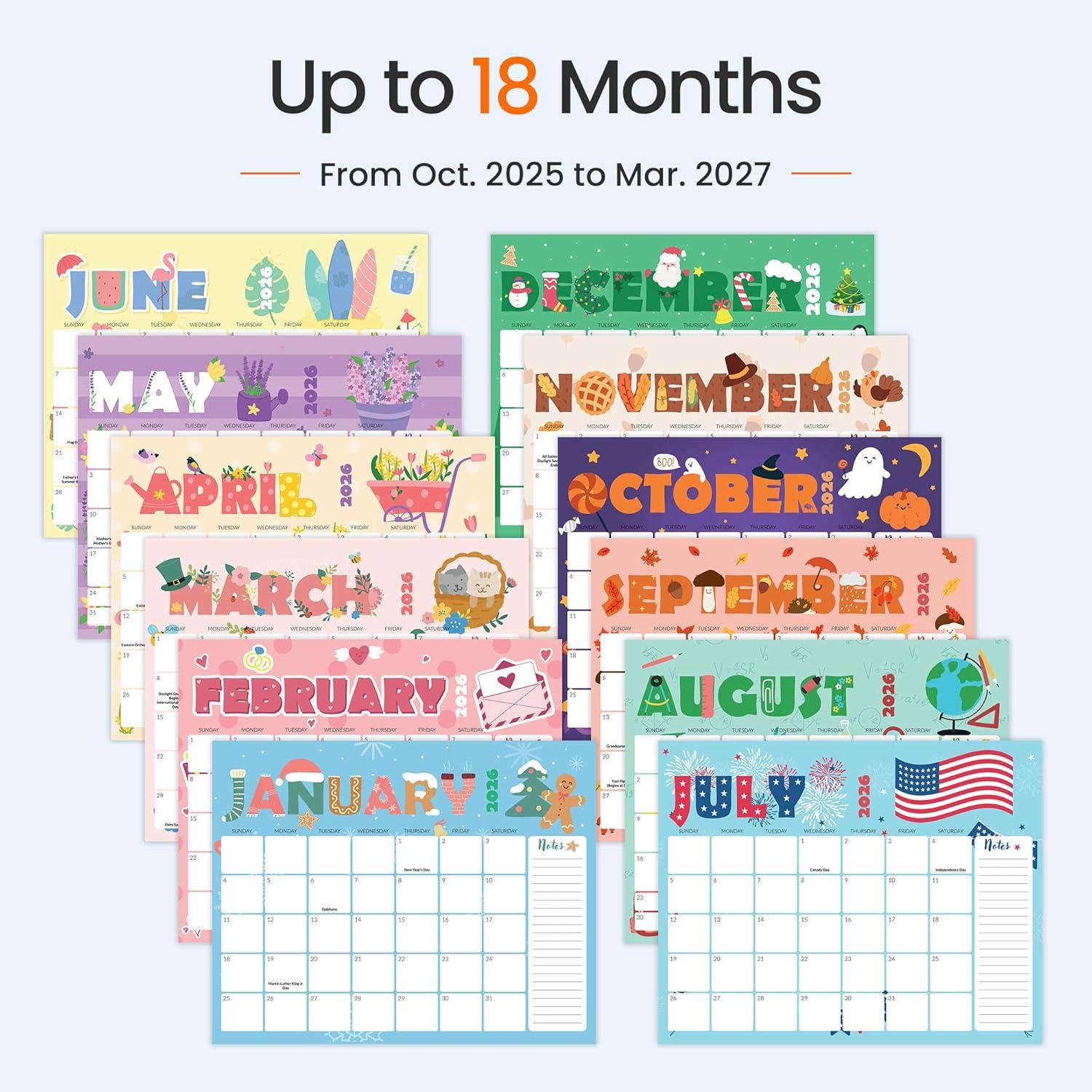 image:imageSUNEE Calendar 2026 18 Months Wall Calendar Oct 2025 Mar 2027 12x17 Big Hanging Calendar 2026 with Note Past Month and Next Month for Organizing amp Planning CuteCute