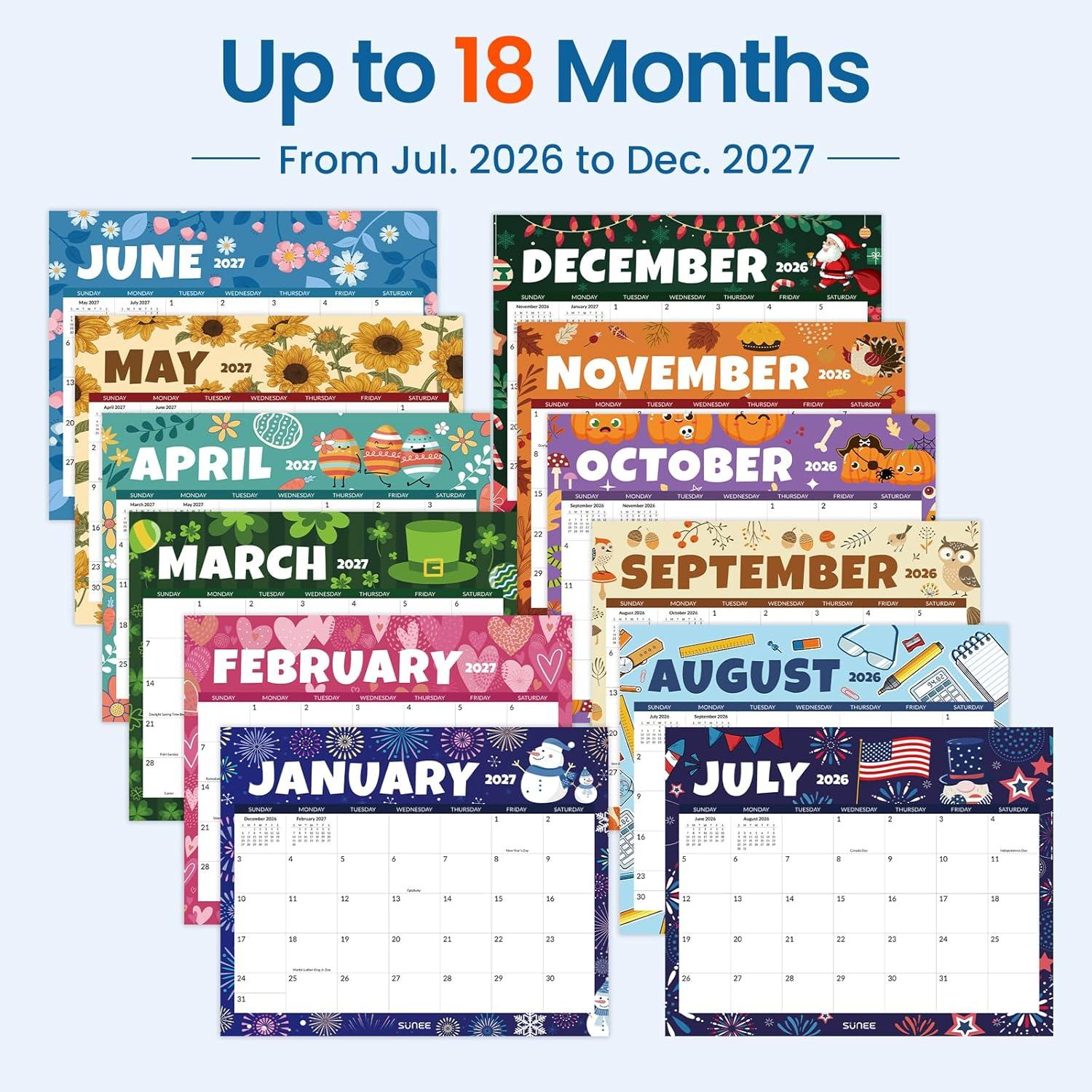 image:imageSUNEE Calendar 2026 18 Months Wall Calendar Oct 2025 Mar 2027 12x17 Big Hanging Calendar 2026 with Note Past Month and Next Month for Organizing amp Planning CuteSeasons