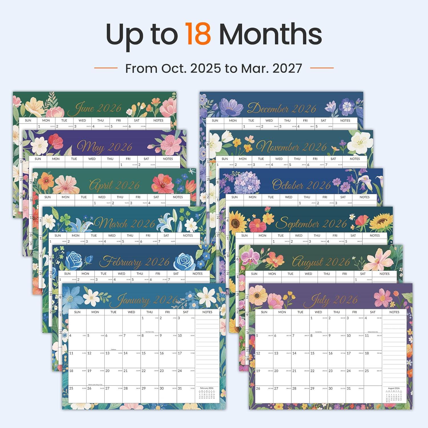 image:imageSUNEE Calendar 2026 18 Months Wall Calendar Oct 2025 Mar 2027 12x17 Big Hanging Calendar 2026 with Note Past Month and Next Month for Organizing amp Planning CuteFloralcolor