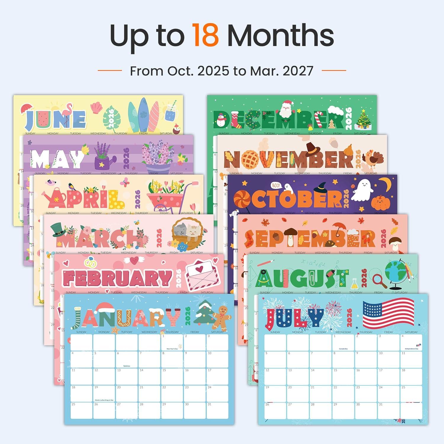 image:imageSUNEE Calendar 2026 18 Months Wall Calendar Oct 2025 Mar 2027 12x17 Big Hanging Calendar 2026 with Note Past Month and Next Month for Organizing amp Planning CuteCute