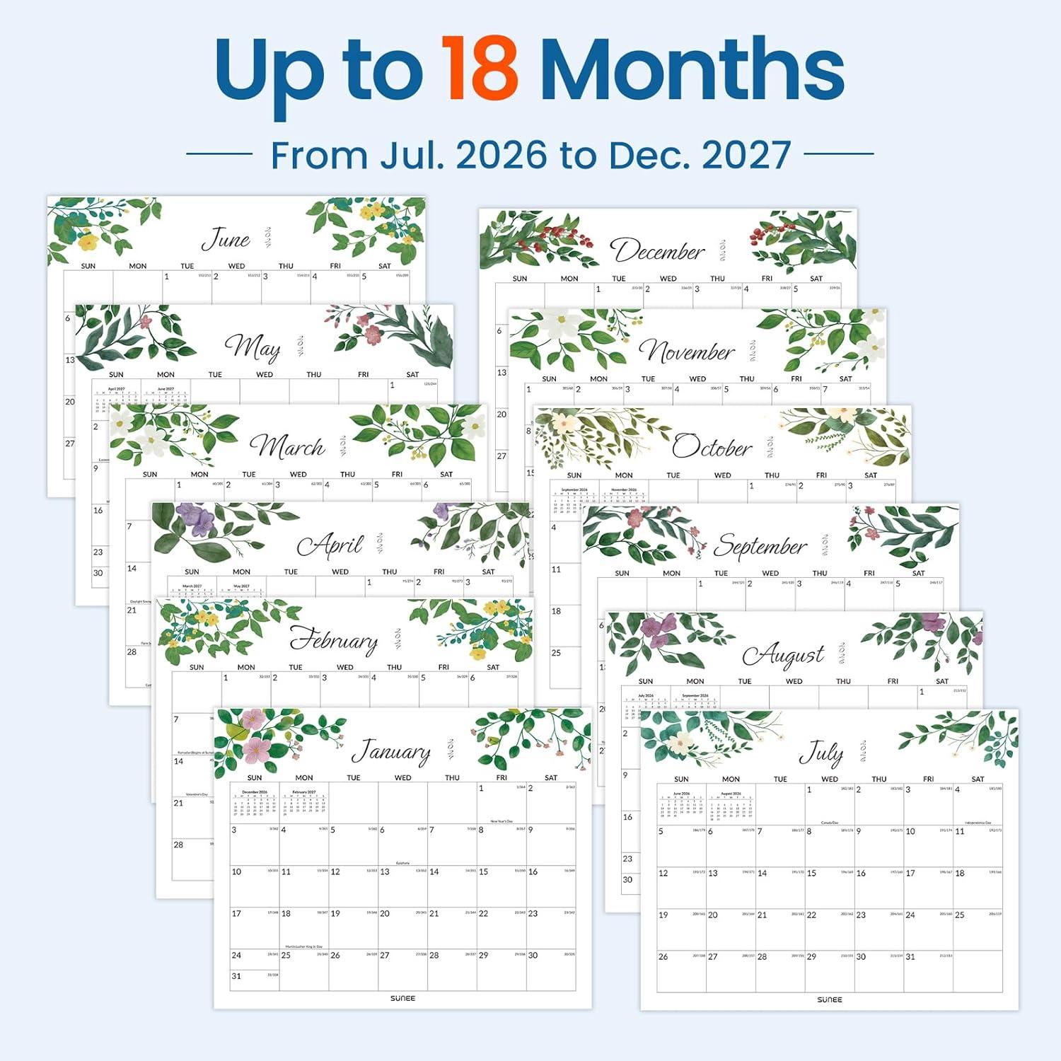 image:imageSUNEE Calendar 2026 18 Months Wall Calendar Oct 2025 Mar 2027 12x17 Big Hanging Calendar 2026 with Note Past Month and Next Month for Organizing amp Planning CuteGreenery