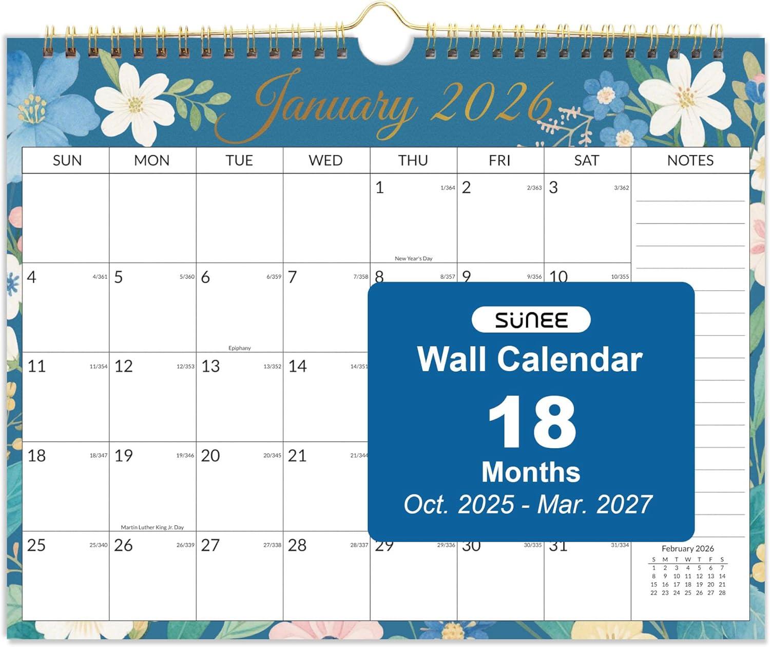 image:imageSUNEE Calendar 2026 18 Months Wall Calendar Oct 2025 Mar 2027 12x17 Big Hanging Calendar 2026 with Note Past Month and Next Month for Organizing amp Planning CuteFloralcolor