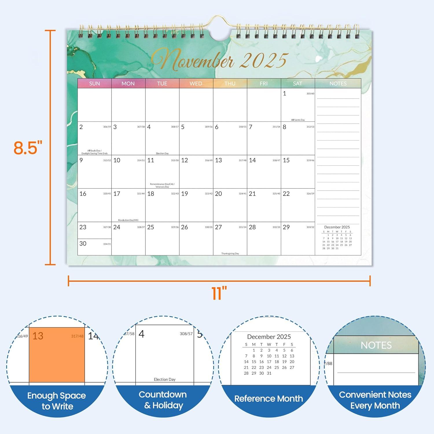 image:imageSUNEE Calendar 2026 18 Months Wall Calendar Oct 2025 Mar 2027 12x17 Big Hanging Calendar 2026 with Note Past Month and Next Month for Organizing amp Planning CuteWatercolor