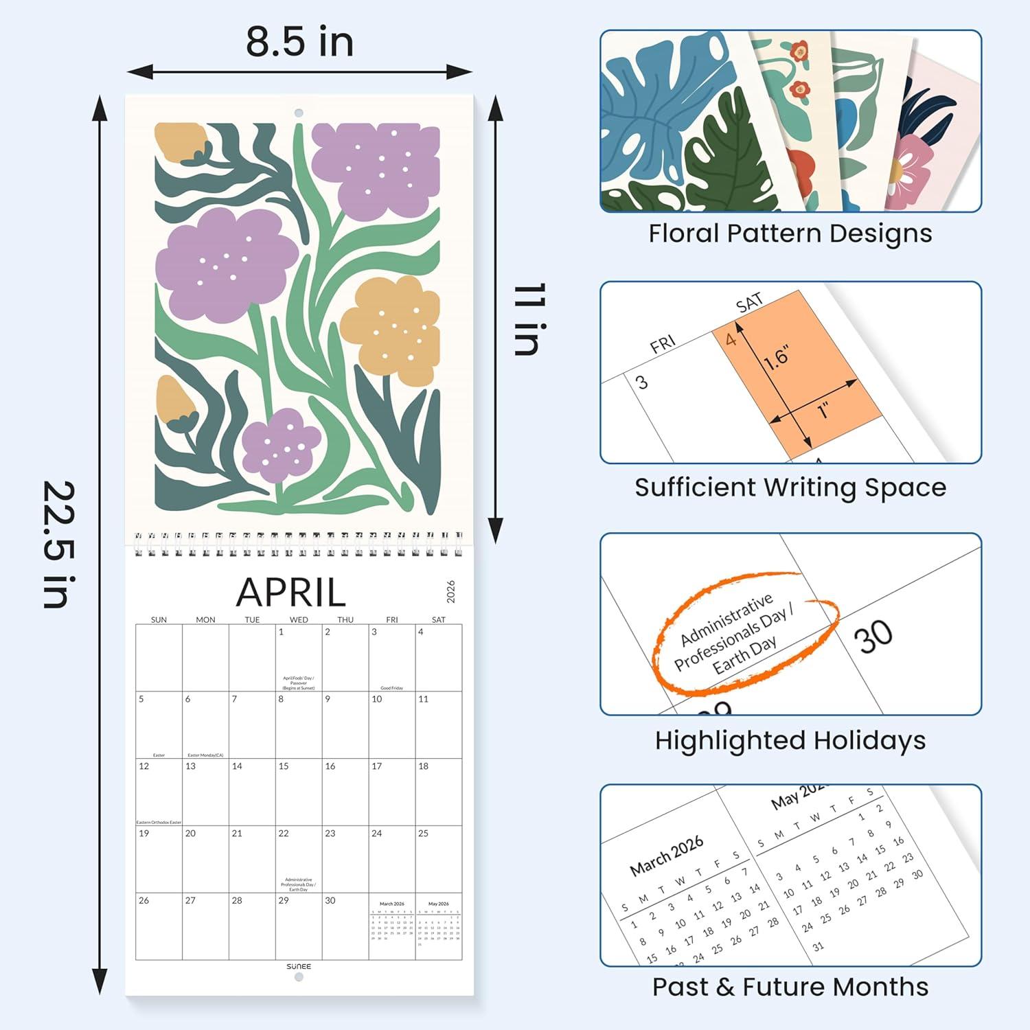 image:imageSUNEE Calendar 2026 18 Months Wall Calendar Oct 2025 Mar 2027 12x17 Big Hanging Calendar 2026 with Note Past Month and Next Month for Organizing amp Planning CuteFloralcolor