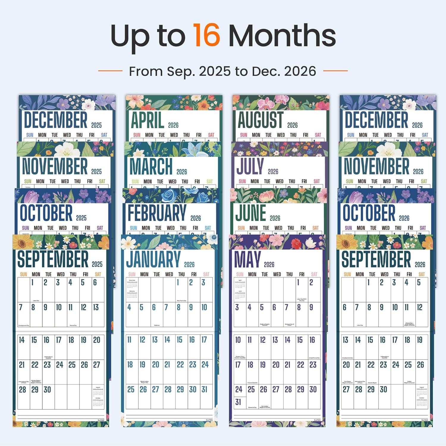 image:imageSUNEE Calendar 2026 18 Months Wall Calendar Oct 2025 Mar 2027 12x17 Big Hanging Calendar 2026 with Note Past Month and Next Month for Organizing amp Planning CuteFloralcolor