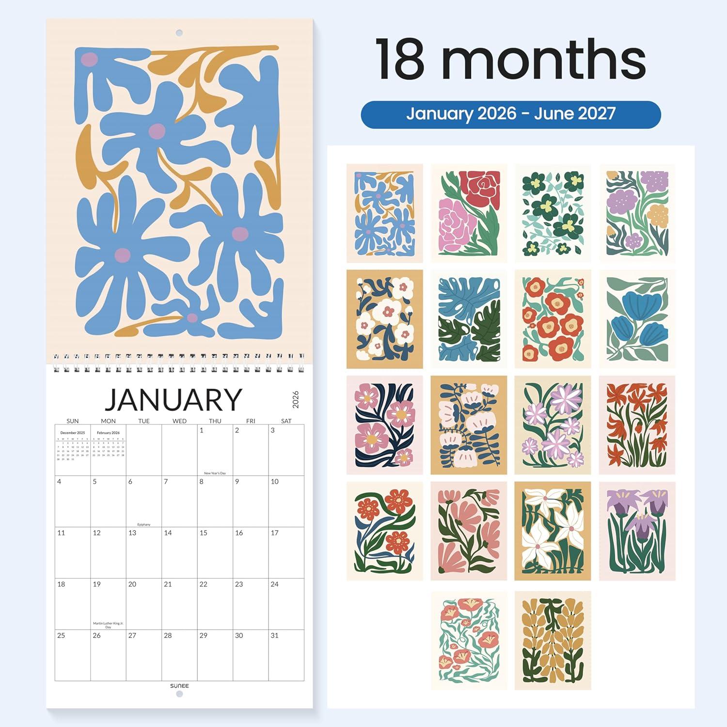 image:imageSUNEE Calendar 2026 18 Months Wall Calendar Oct 2025 Mar 2027 12x17 Big Hanging Calendar 2026 with Note Past Month and Next Month for Organizing amp Planning CuteFloralcolor
