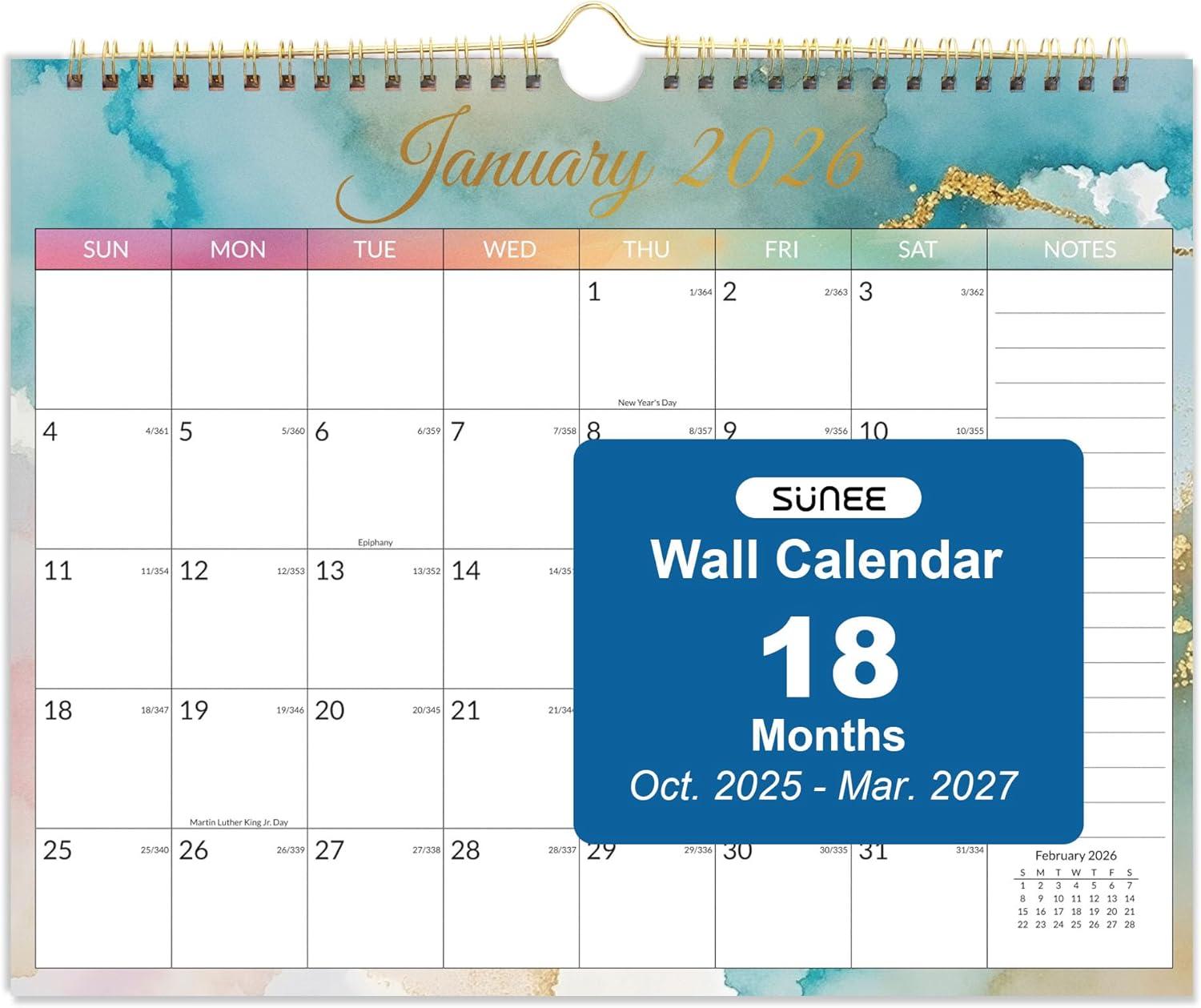 image:imageSUNEE Calendar 2026 18 Months Wall Calendar Oct 2025 Mar 2027 12x17 Big Hanging Calendar 2026 with Note Past Month and Next Month for Organizing amp Planning CuteWatercolor