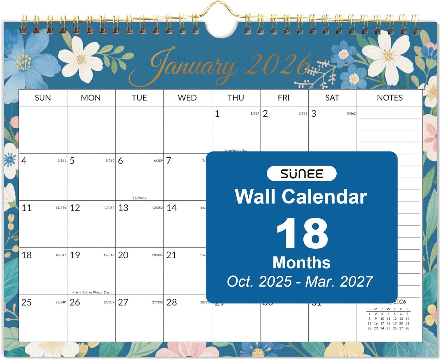 image:imageSUNEE Calendar 2026 18 Months Wall Calendar Oct 2025 Mar 2027 12x17 Big Hanging Calendar 2026 with Note Past Month and Next Month for Organizing amp Planning CuteFloralcolor