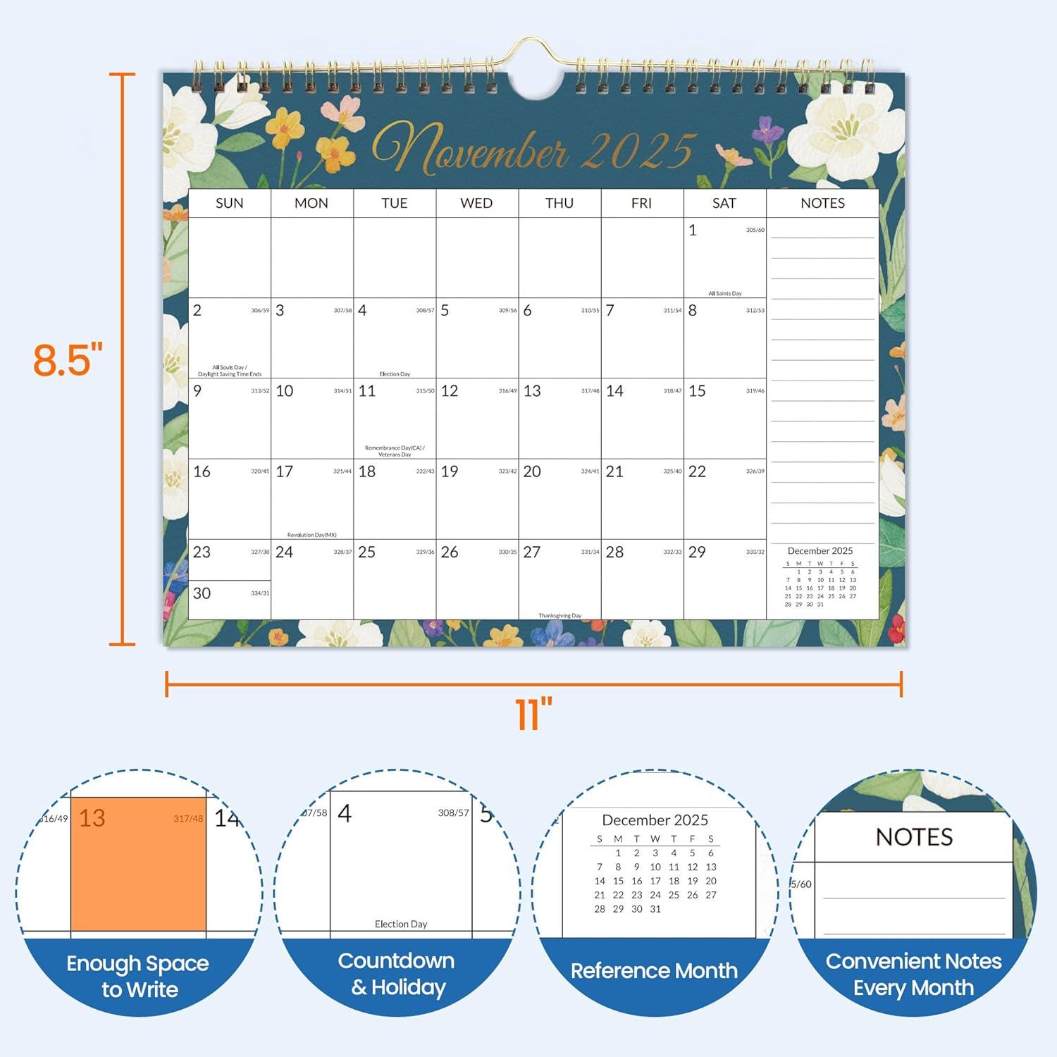 image:imageSUNEE Calendar 2026 18 Months Wall Calendar Oct 2025 Mar 2027 12x17 Big Hanging Calendar 2026 with Note Past Month and Next Month for Organizing amp Planning CuteFloralcolor