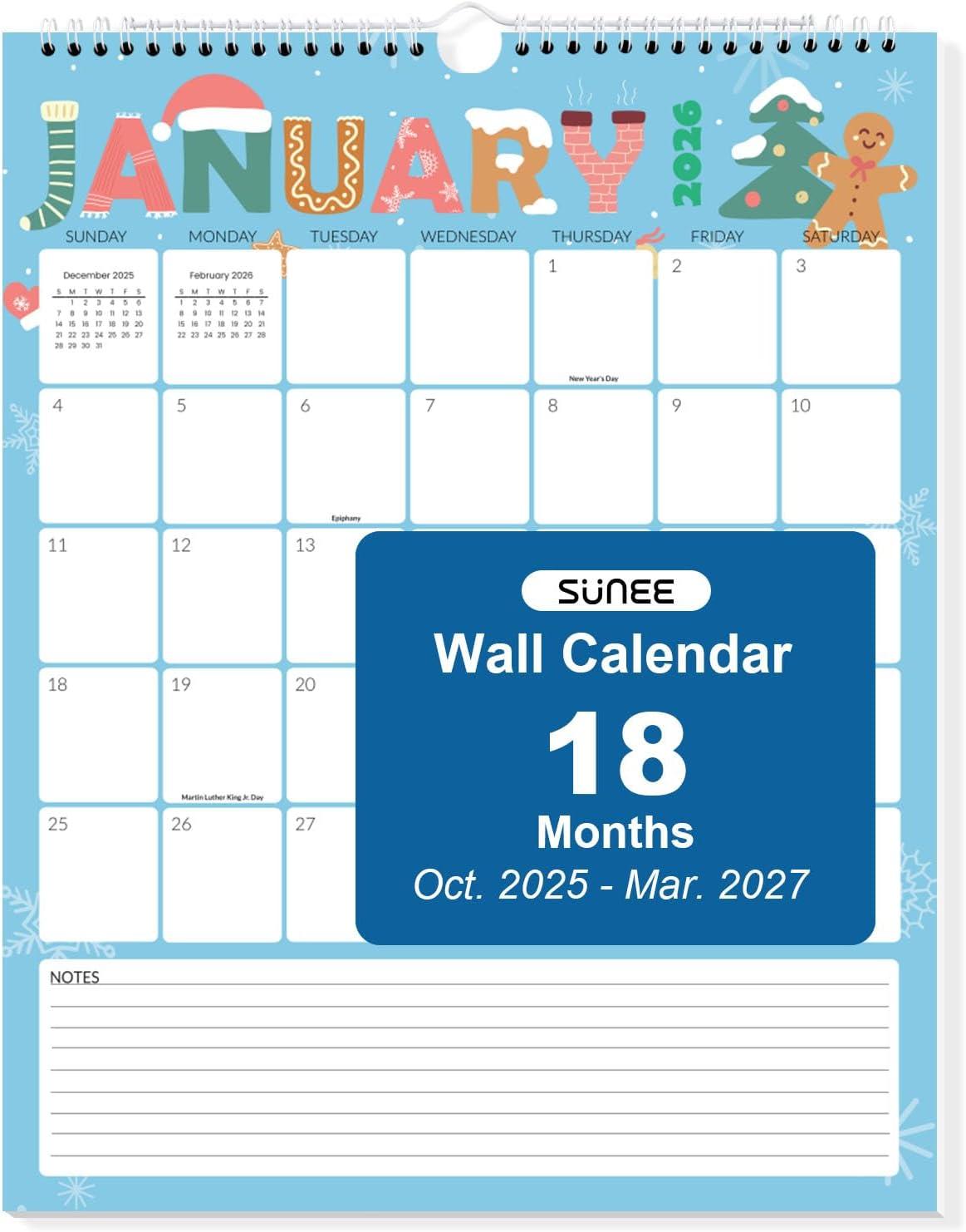 image:imageSUNEE Calendar 2026 18 Months Wall Calendar Oct 2025 Mar 2027 12x17 Big Hanging Calendar 2026 with Note Past Month and Next Month for Organizing amp Planning CuteCute