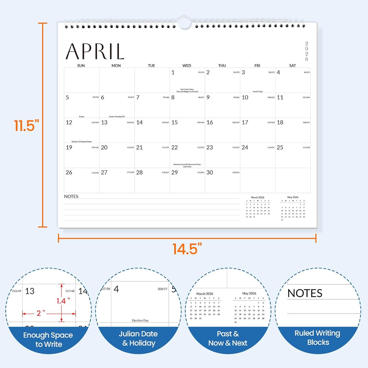 image:imageSUNEE Calendar 2026 18 Months Wall Calendar Oct 2025 Mar 2027 12x17 Big Hanging Calendar 2026 with Note Past Month and Next Month for Organizing amp Planning CuteWhite