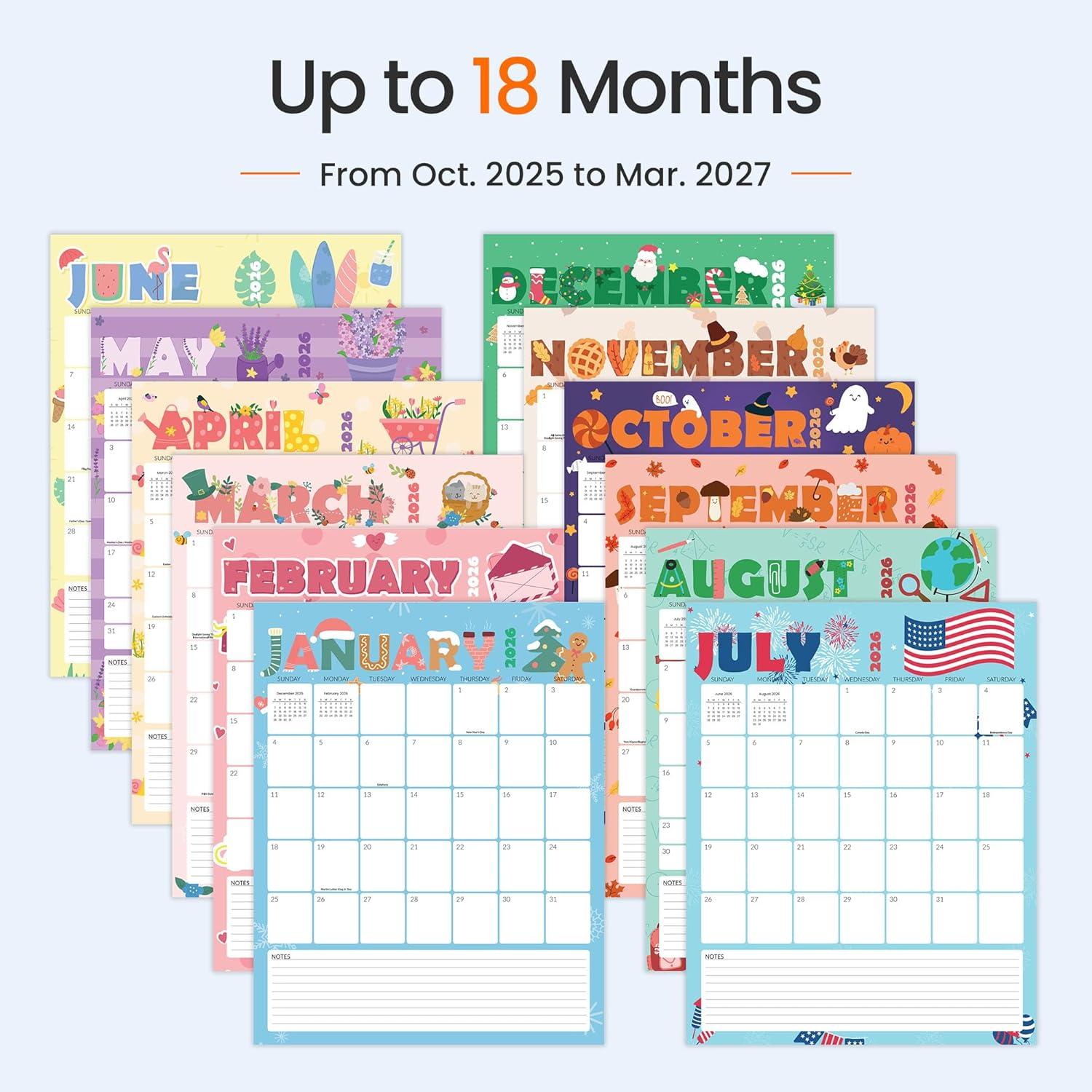 image:imageSUNEE Calendar 2026 18 Months Wall Calendar Oct 2025 Mar 2027 12x17 Big Hanging Calendar 2026 with Note Past Month and Next Month for Organizing amp Planning CuteCute