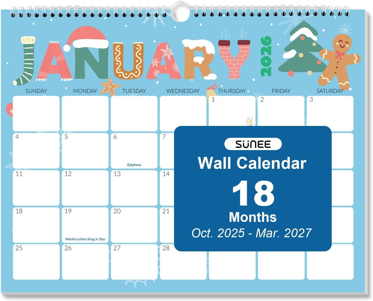 image:imageSUNEE Calendar 2026 18 Months Wall Calendar Oct 2025 Mar 2027 12x17 Big Hanging Calendar 2026 with Note Past Month and Next Month for Organizing amp Planning CuteCute