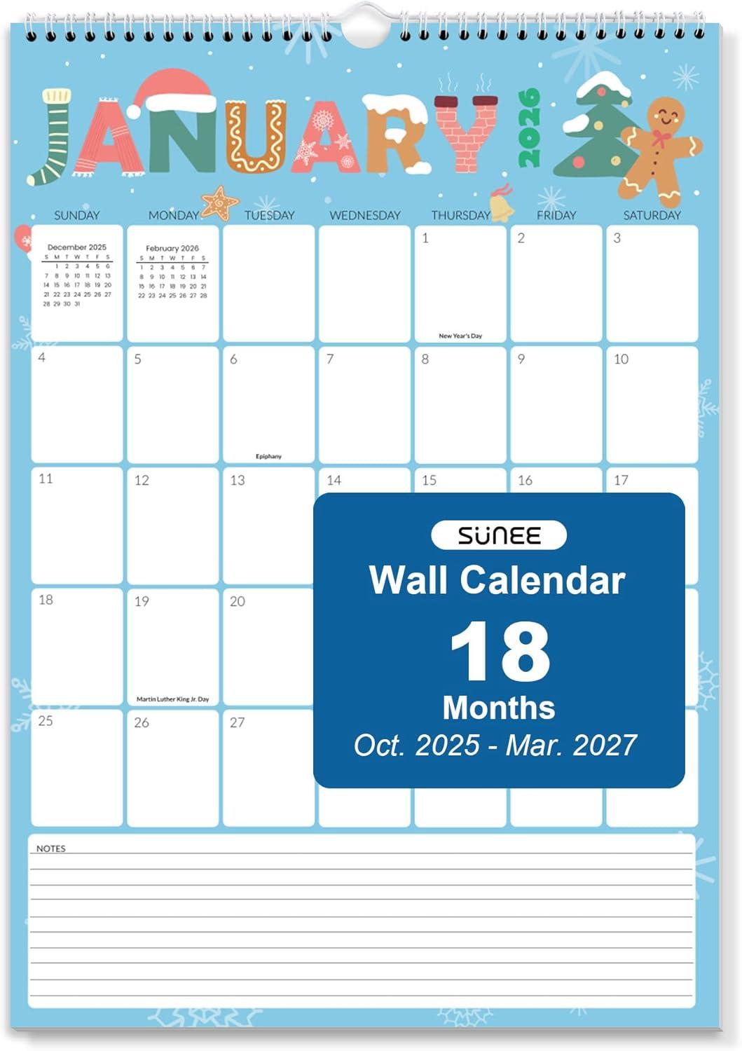 image:imageSUNEE Calendar 2026 18 Months Wall Calendar Oct 2025 Mar 2027 12x17 Big Hanging Calendar 2026 with Note Past Month and Next Month for Organizing amp Planning CuteCute