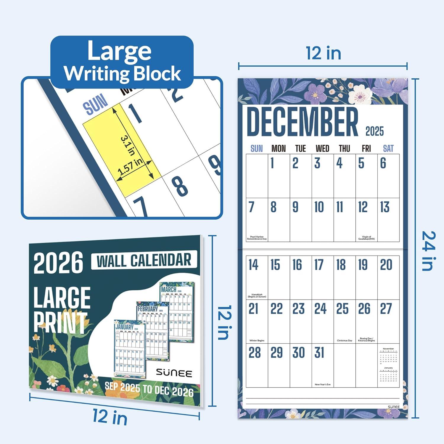 image:imageSUNEE Calendar 2026 18 Months Wall Calendar Oct 2025 Mar 2027 12x17 Big Hanging Calendar 2026 with Note Past Month and Next Month for Organizing amp Planning CuteFloralcolor