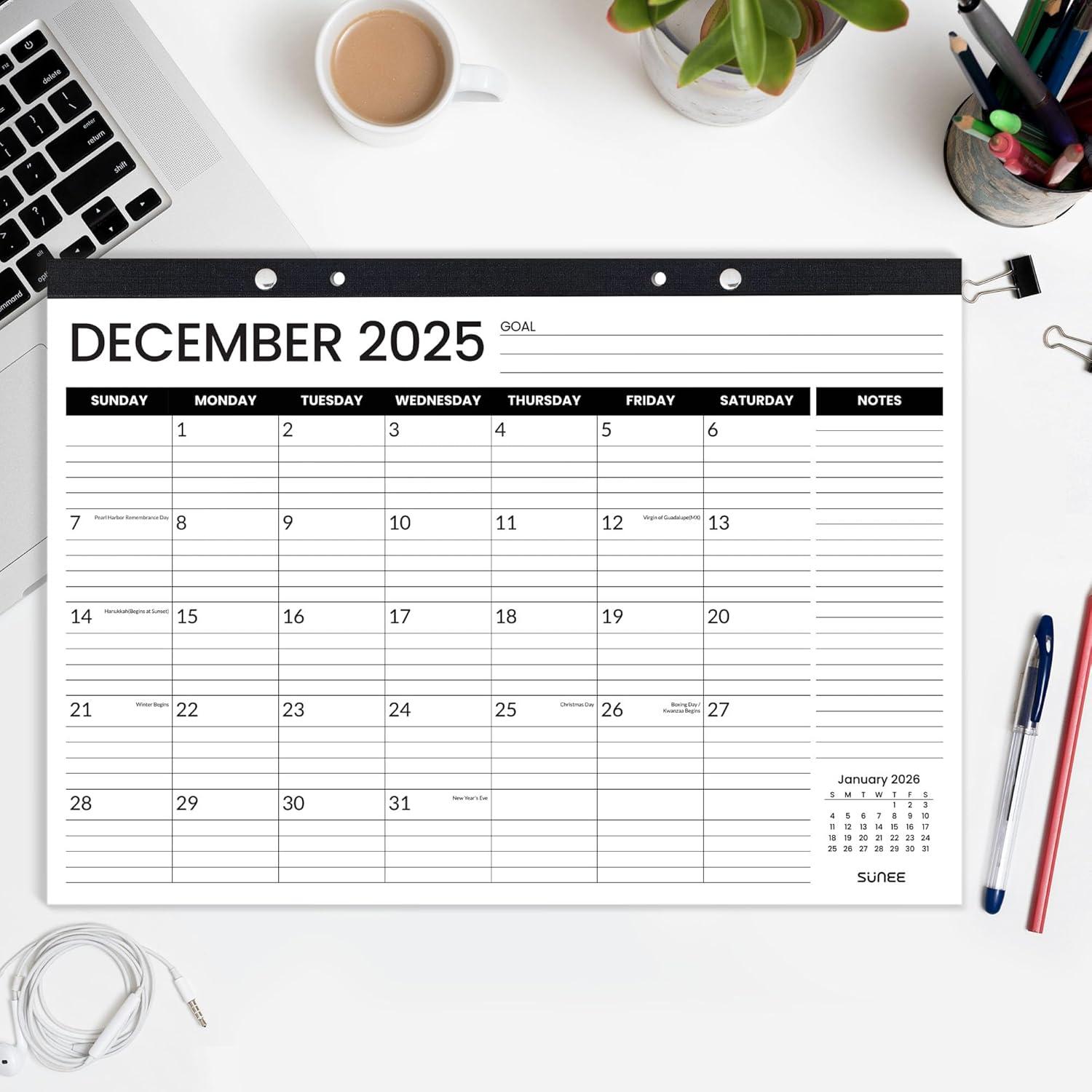 image:imageSUNEE Desk Calendar 2026 18 Months from Oct 2025 to Mar 2027 17x12 Academic Calendar 2026 for Home School or Office 2026 Monthly Calendar with Note Black Pack of 2