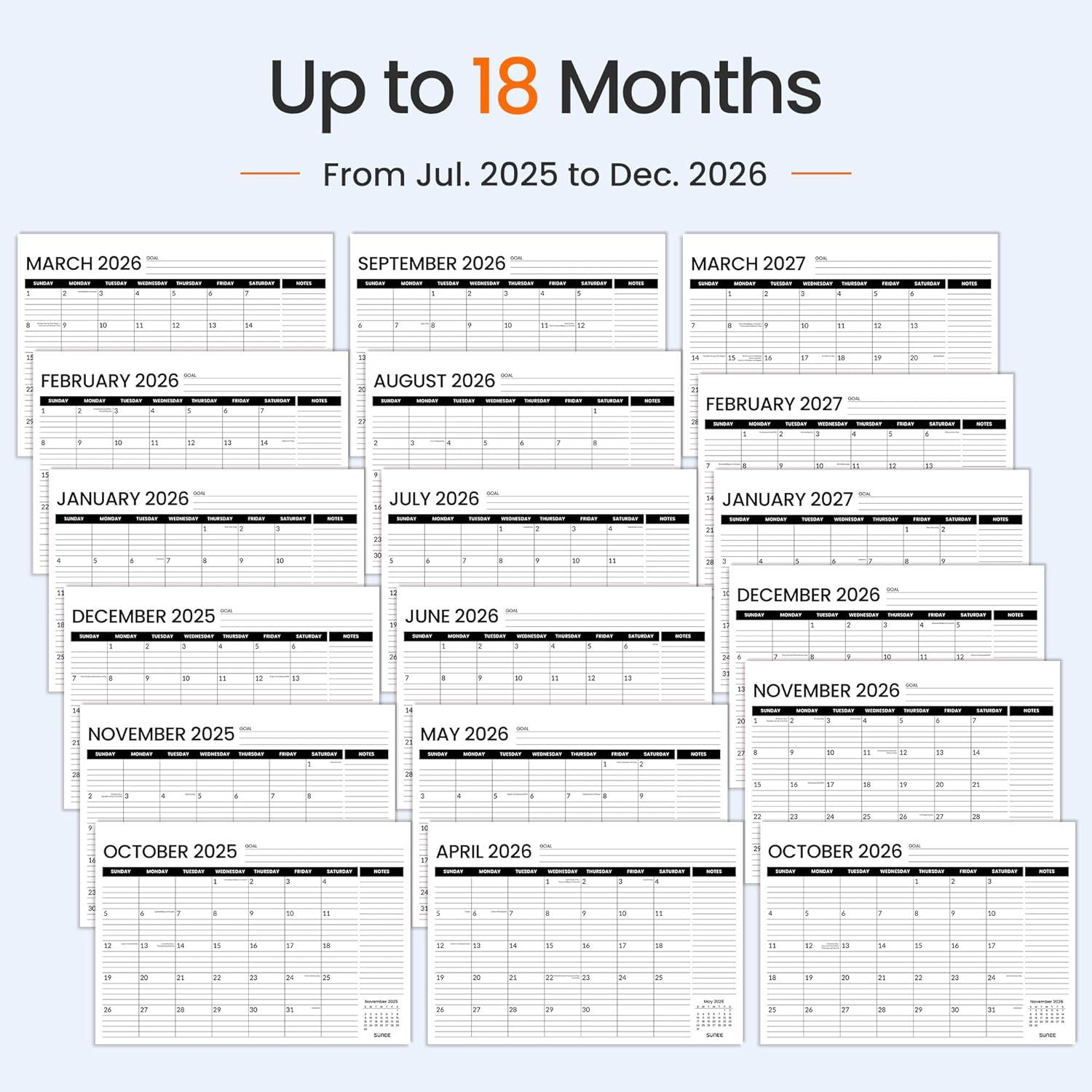 image:imageSUNEE Desk Calendar 2026 18 Months from Oct 2025 to Mar 2027 17x12 Academic Calendar 2026 for Home School or Office 2026 Monthly Calendar with Note Black17x12