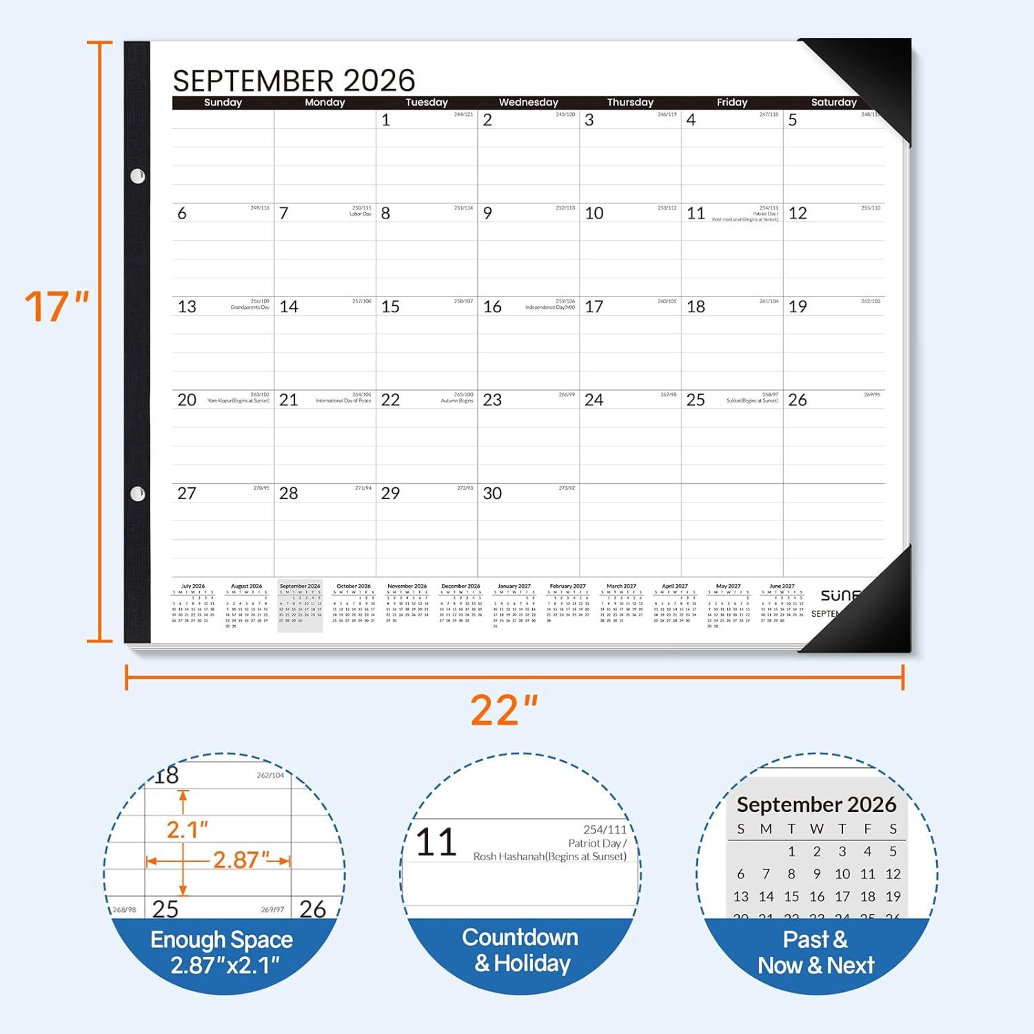 image:imageSUNEE Desk Calendar 2026 Large 22x17 from April 2026 to December 2027 Extra Large Desktop Monthly Calendar Pad 21 Months For Teacher or Office Desk Top SeasonalBlack